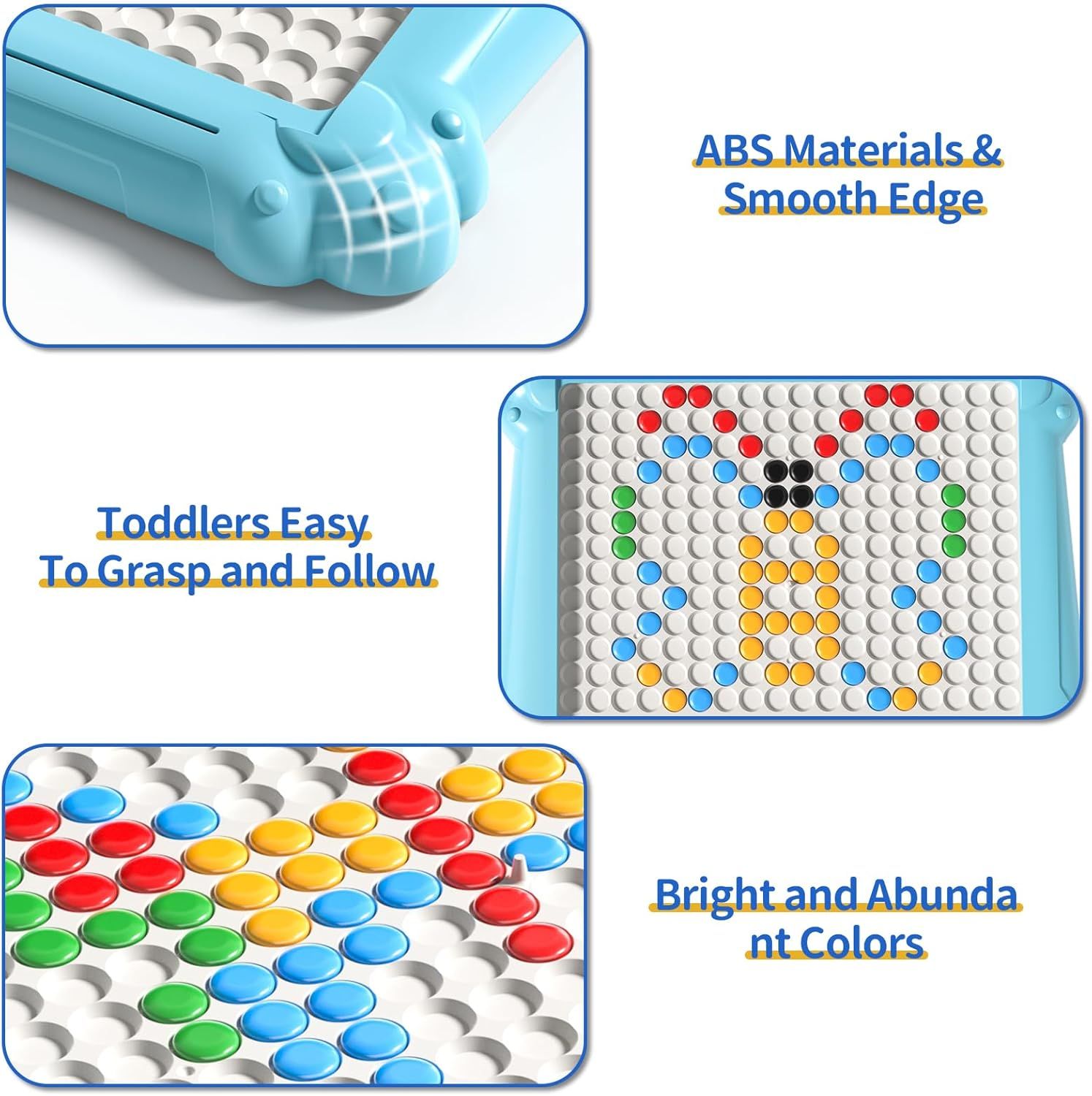 Communicates multiple product benefits in a segmented layout: safe ABS material construction, toddler-friendly ergonomic design, and vibrant colorful pegs that make the toy engaging and easy to use.