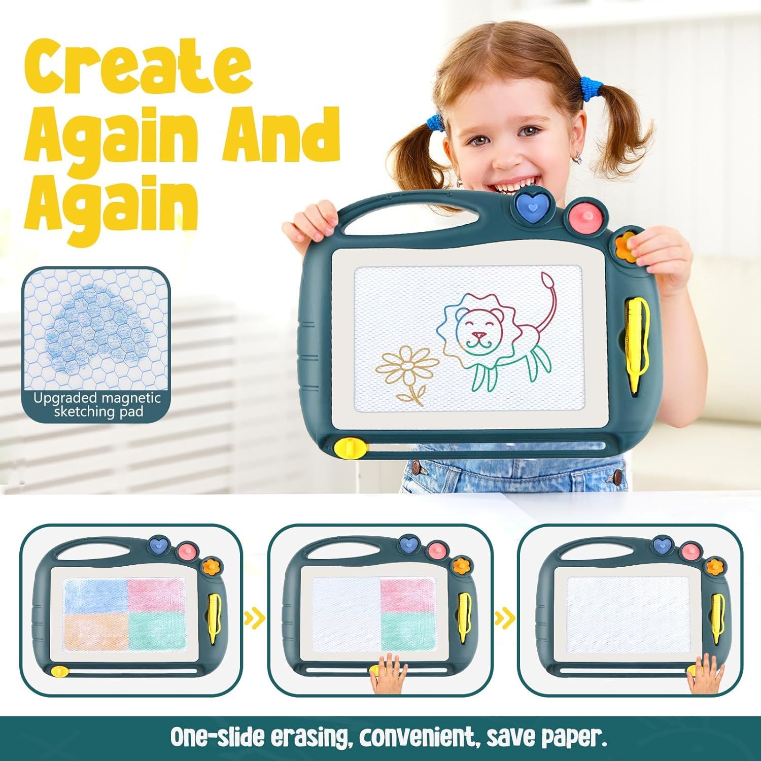 Demonstrates how to easily erase drawings on the magnetic sketching pad with a simple one-slide motion, emphasizing convenience and reusability. Highlights multiple benefits including the upgraded…