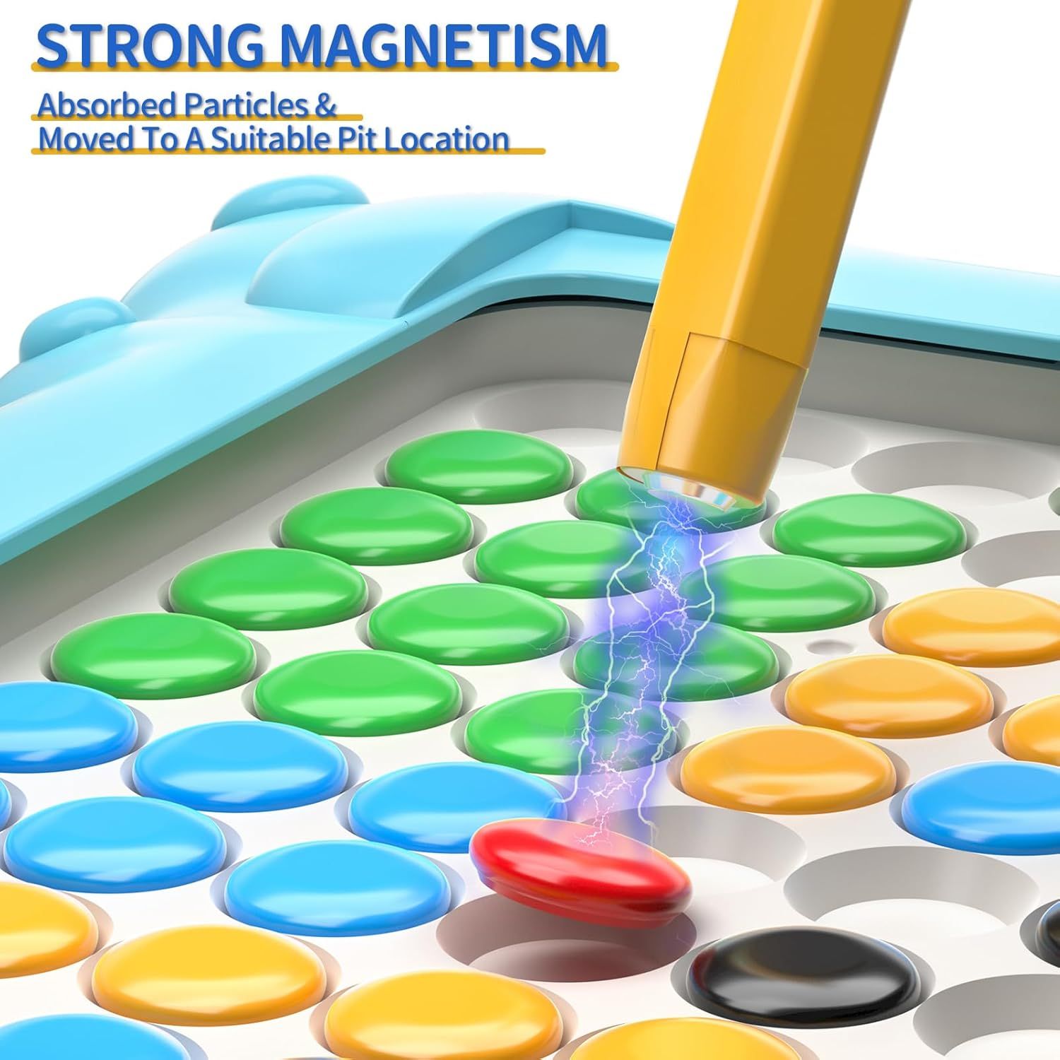 Demonstrates the product's strong magnetic feature that attracts and moves particles to designated locations, highlighting the effectiveness of the magnetic mechanism.