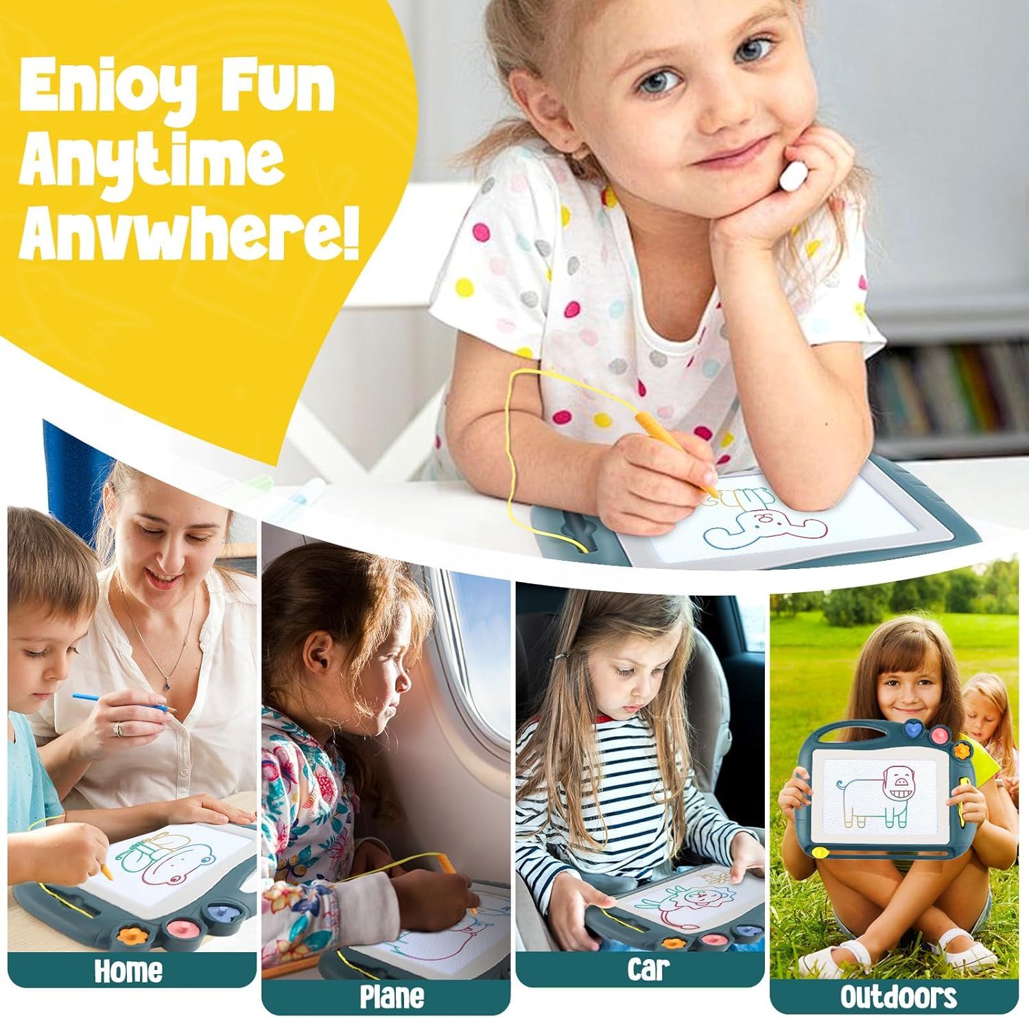 Demonstrates that the drawing tablet can be used in multiple environments (home, plane, car, outdoors), emphasizing its versatility and portability for entertainment anytime, anywhere.