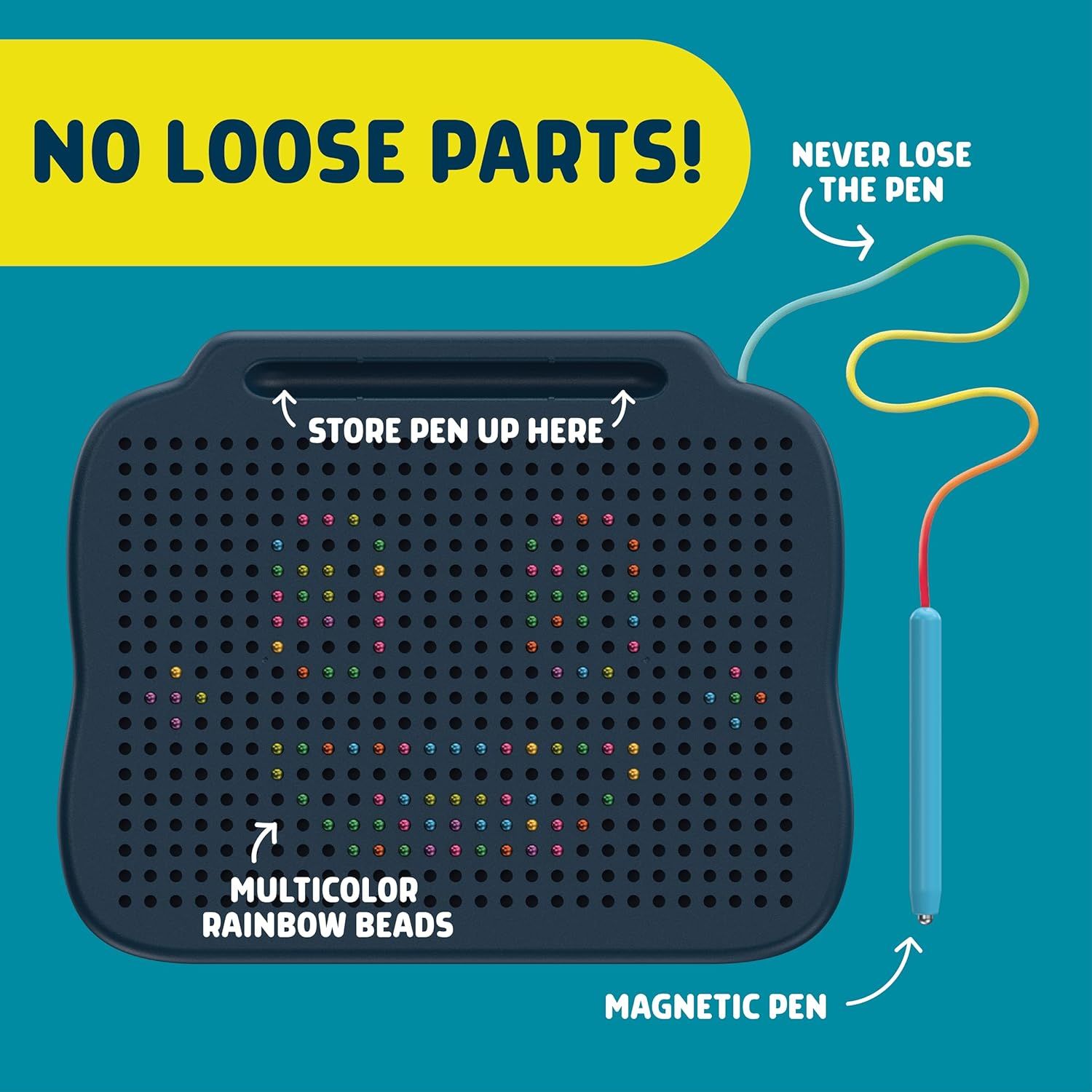 Breaks down the physical components of the product to show how it's designed with integrated pen storage and multicolor beads, reassuring shoppers that no parts will be lost. Communicates the key…