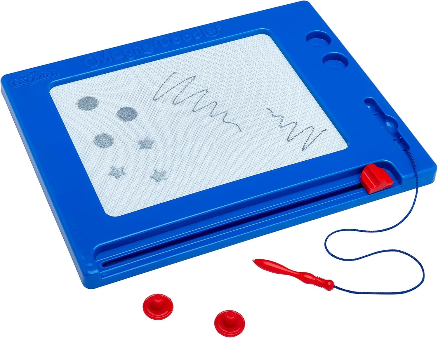 Shows everything included in the package: the magnetic drawing board, attached stylus pen, and two stamp accessories, helping shoppers understand the full value of what they will receive.