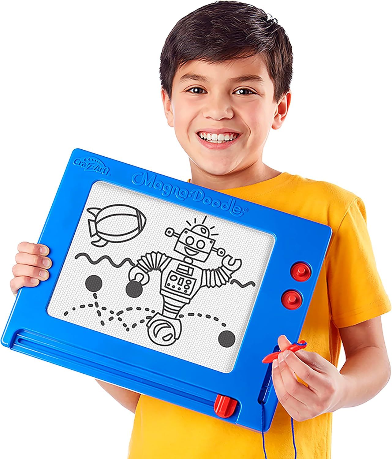 Shows a child actively using the magnetic drawing board in a real-world context to help shoppers visualize the product in action and understand its appeal for kids.
