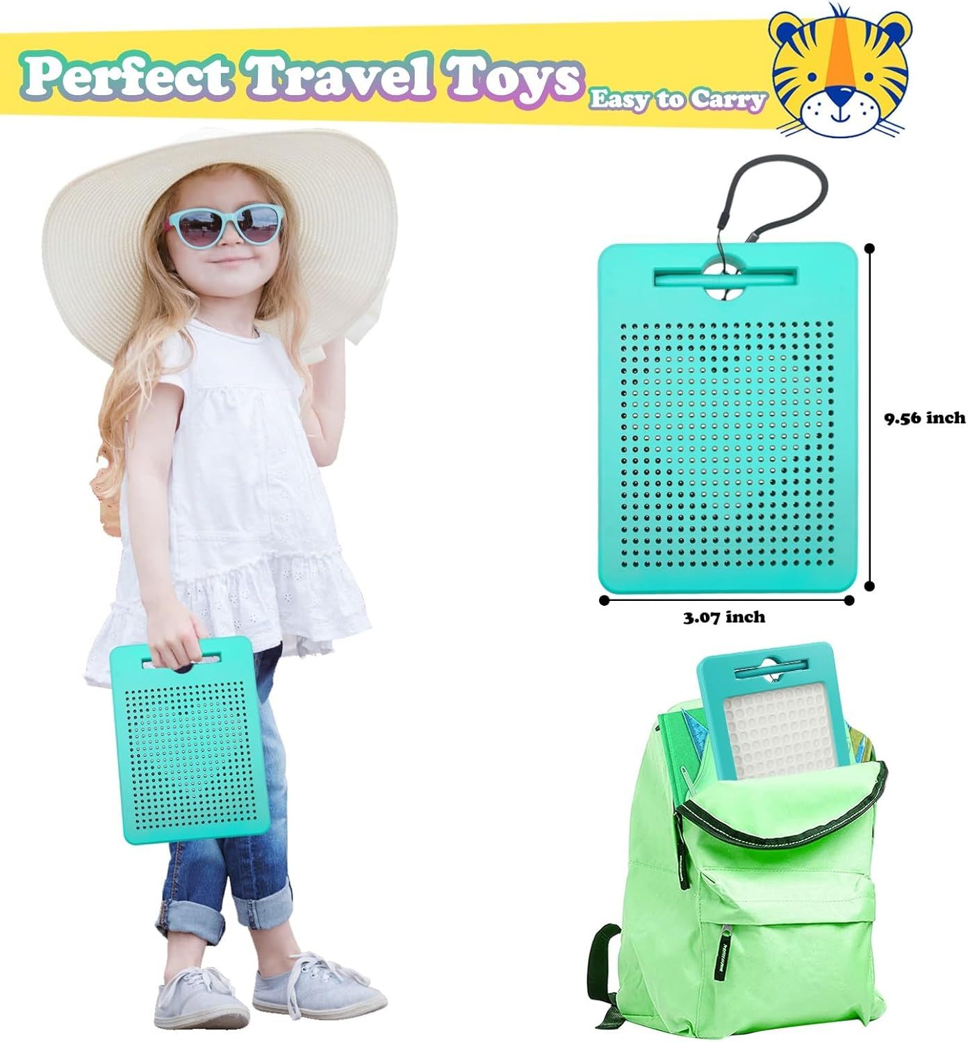 Communicates the exact physical dimensions of the travel toy (9.56 x 3.07 inches) to reassure shoppers it's compact and easy to carry for travel. Highlights the product's portability and ease of…