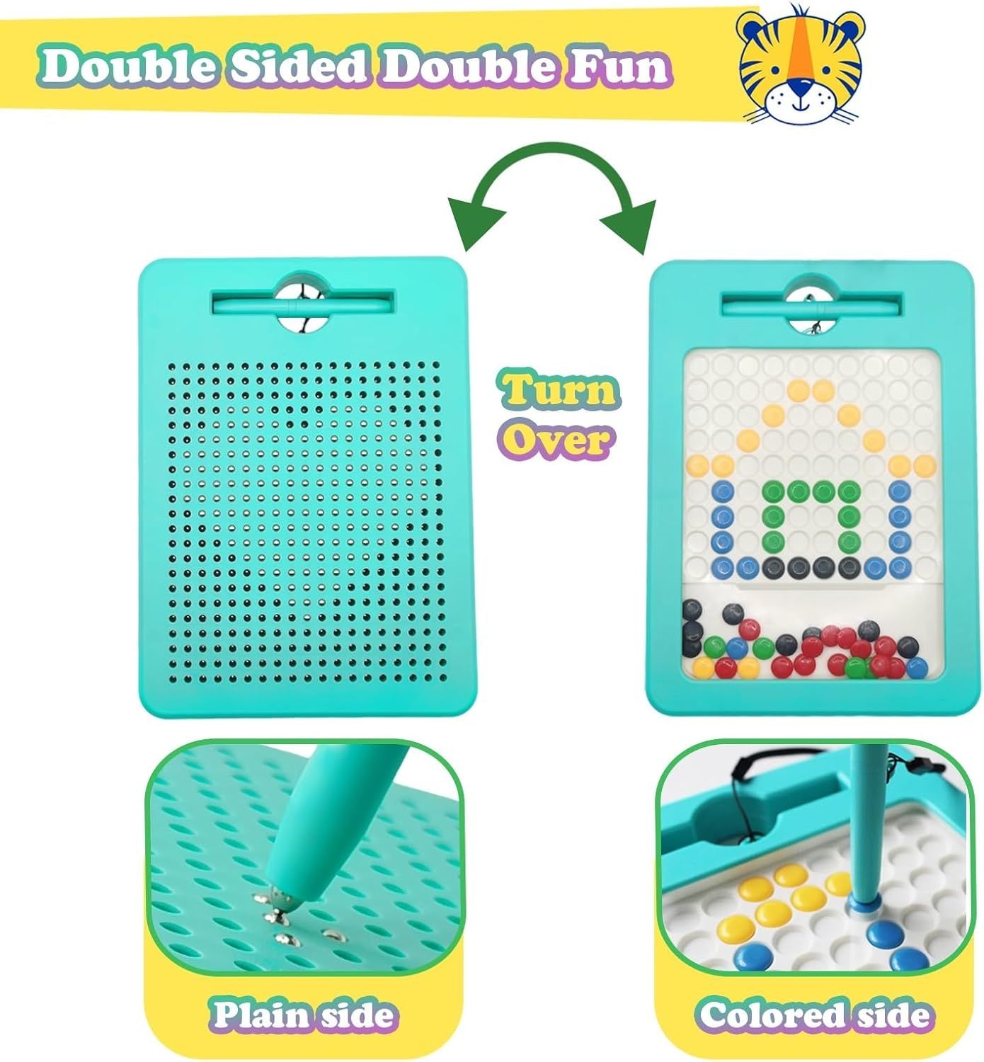 Demonstrates the product's dual functionality by showing both the plain peg side and the colored peg side, highlighting its versatility for different creative activities. Communicates the core…