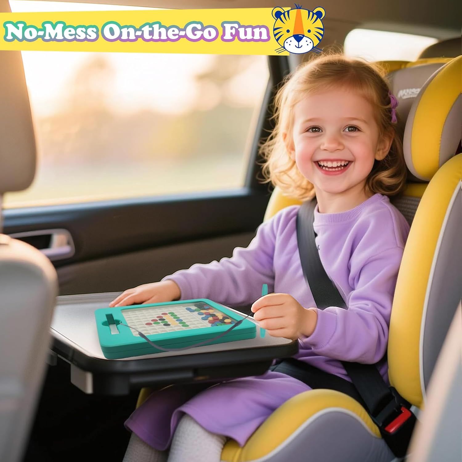 Demonstrates the product's use case for keeping children entertained during car travel, emphasizing mess-free, portable fun on-the-go. Highlights the product's mess-free design and portability for…