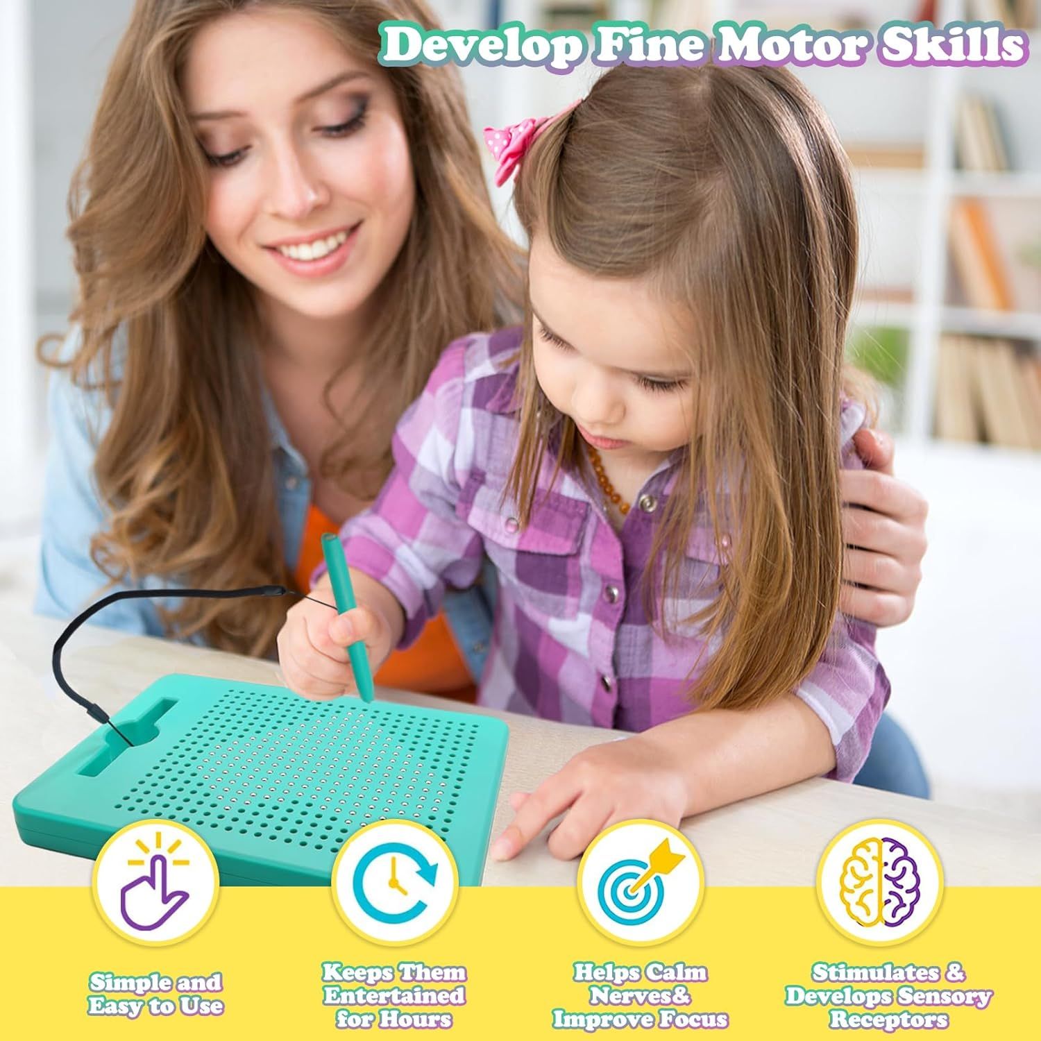 Communicates multiple distinct benefits of the product through a segmented layout with four icon-labeled sections, showing parents how the product supports child development across ease of use,…