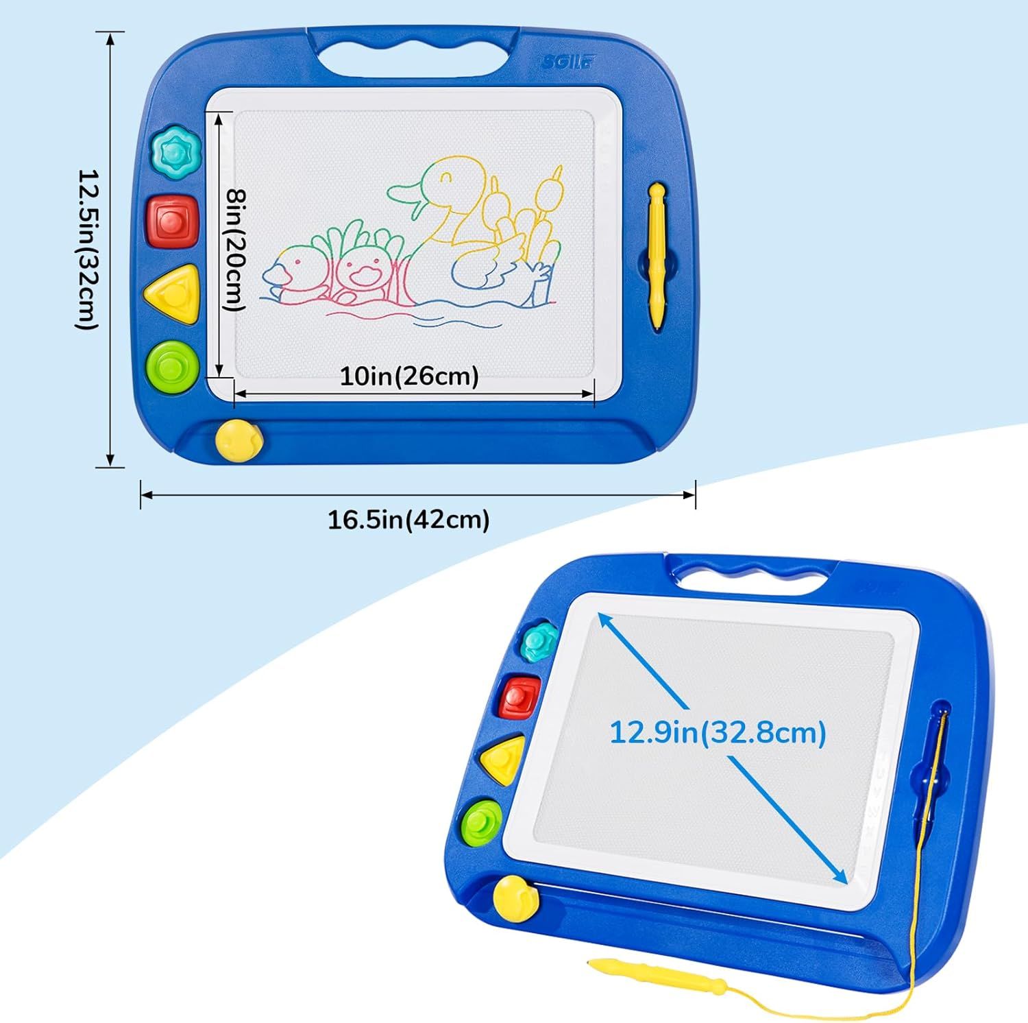 Communicates the exact physical dimensions of the drawing board and its drawing area to help shoppers understand the size and usability of the product.