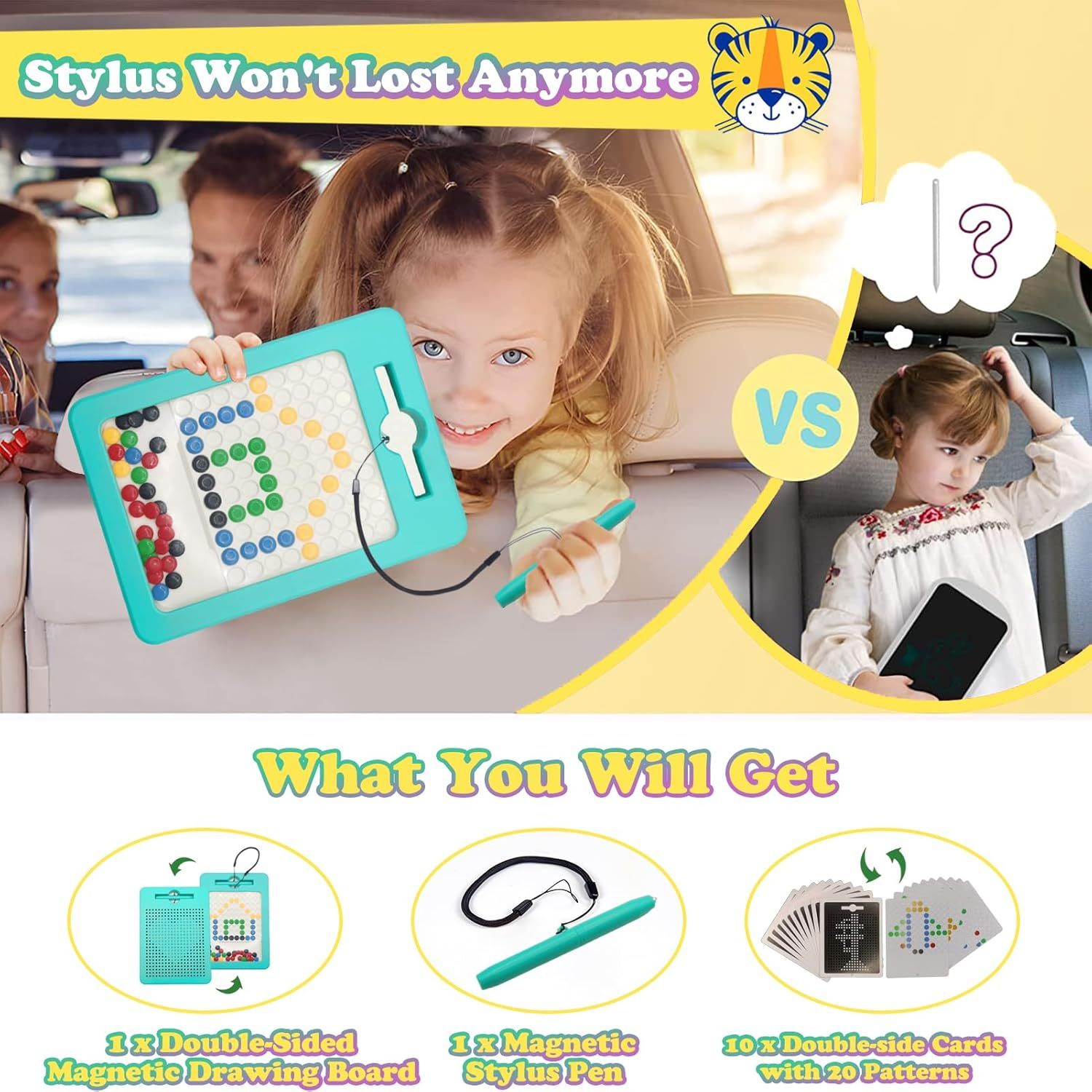 Demonstrates the product's advantage over generic tablets by showing a child happily engaged with the magnetic drawing board versus a confused child with a regular tablet, emphasizing the benefit of…