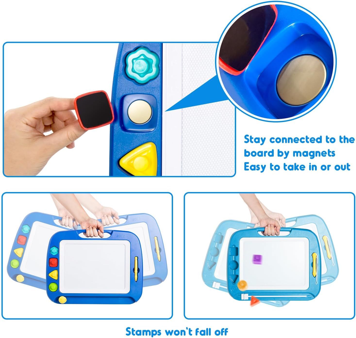 Demonstrates multiple benefits of the magnetic stamp system: stamps stay connected to the board magnetically, are easy to insert and remove, and won't fall off during use.