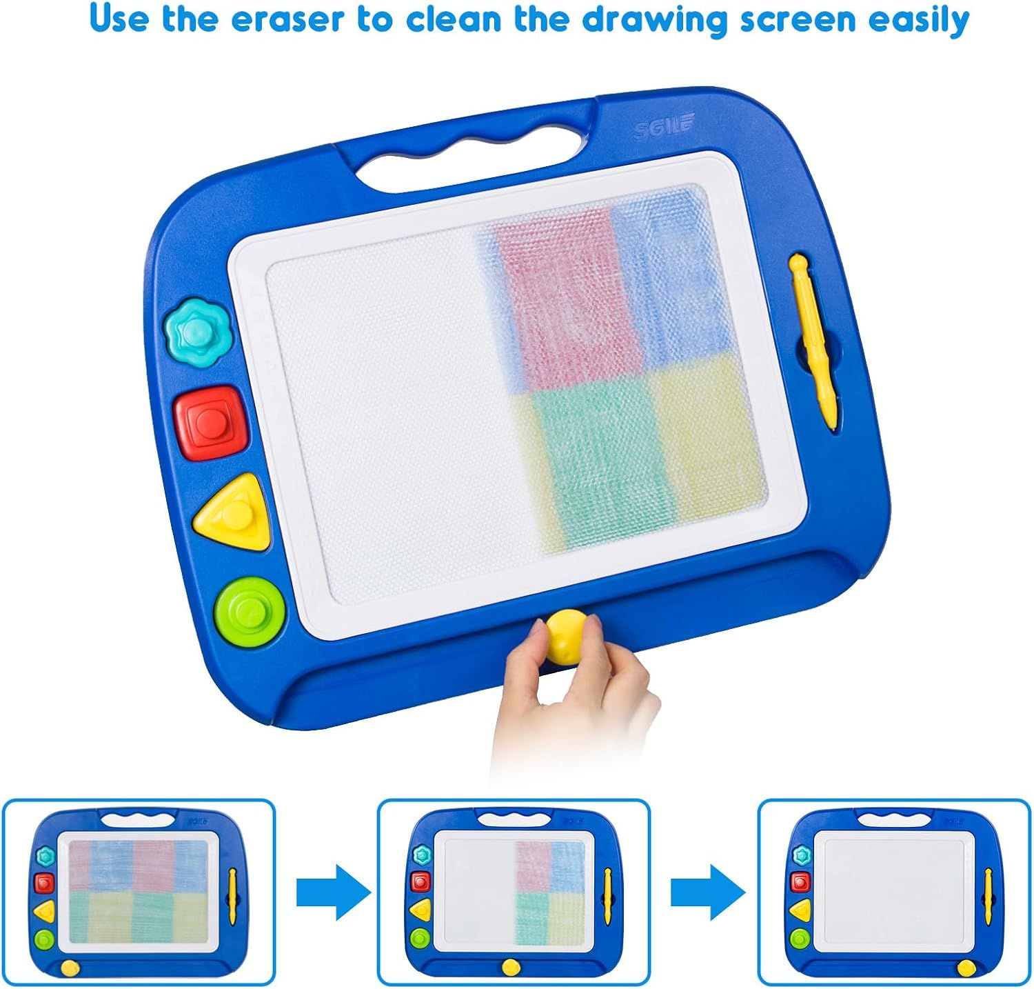 Demonstrates how to use the eraser to clean the drawing screen, showing the step-by-step process from drawn to partially erased to fully clean. Highlights the ease of cleaning the drawing screen…
