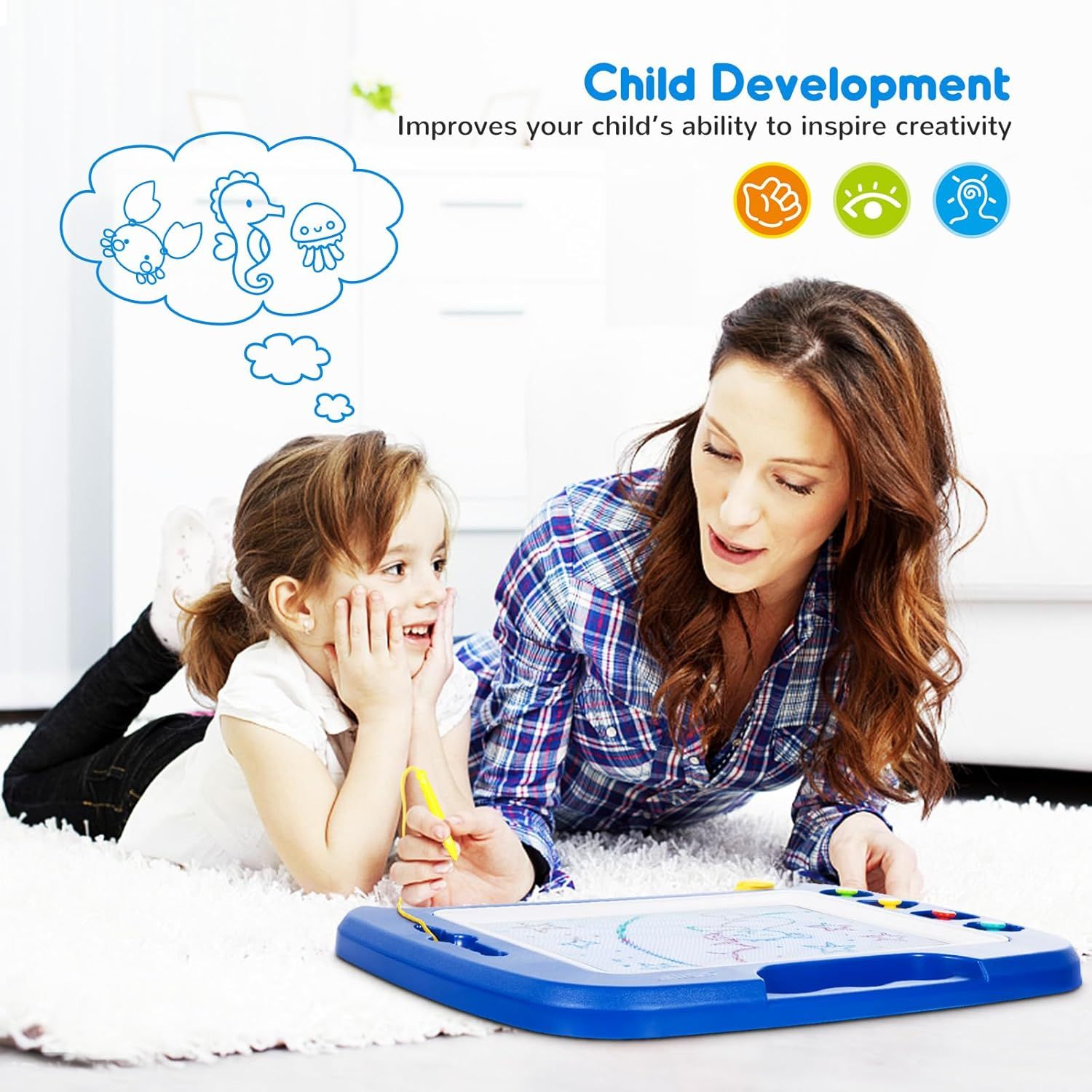Communicates that the product (drawing board) helps improve a child's ability to inspire creativity and supports developmental benefits through play and learning.
