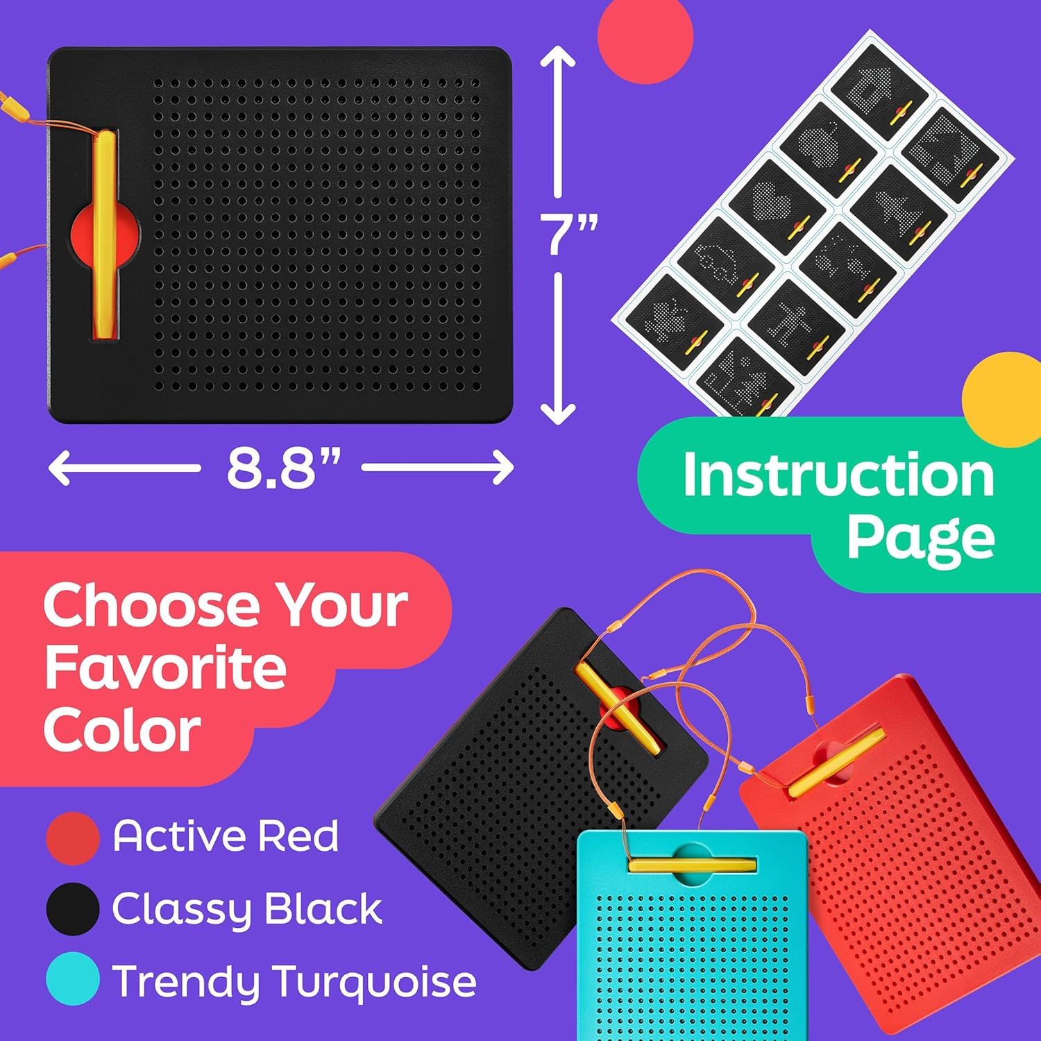 Communicates the exact physical size of the product (8.8 inches wide by 7 inches tall) to help shoppers understand how large the drawing tablet is. Showcases the brand's product lineup by displaying…