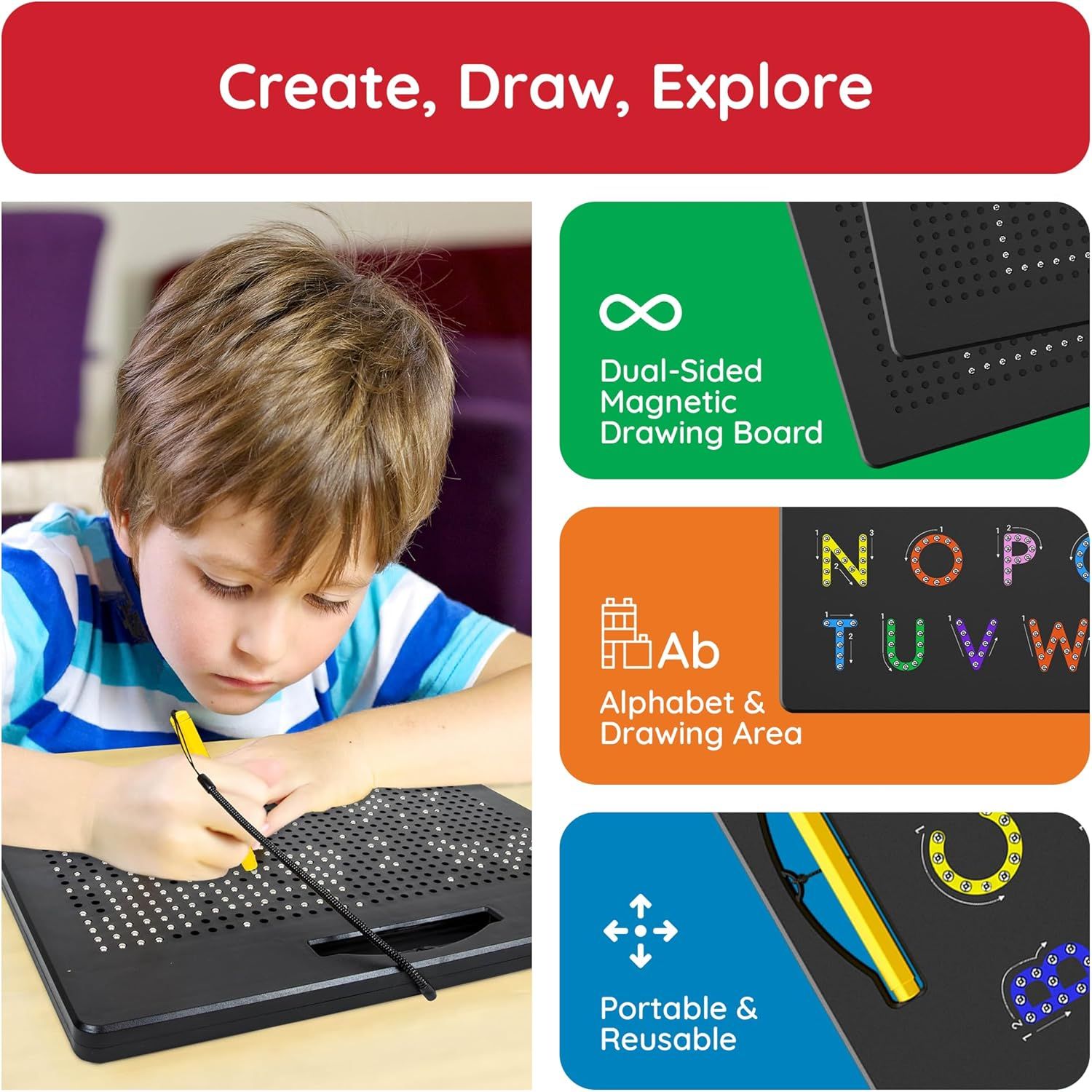 Showcases multiple distinct benefits of the magnetic drawing board in a segmented layout, highlighting its dual-sided design, educational alphabet feature, and portability to demonstrate versatility…