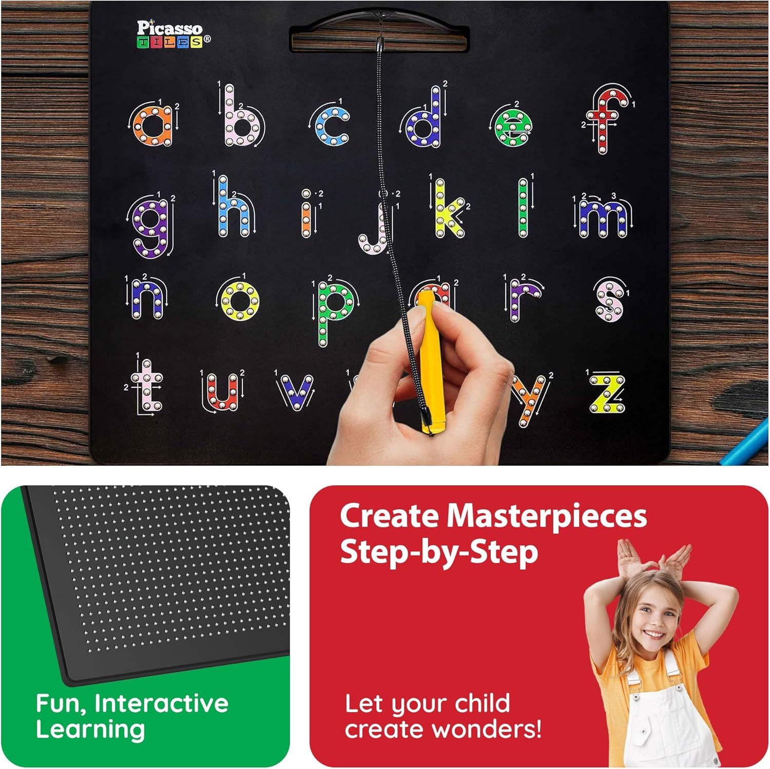 Communicates multiple benefits of the product including educational alphabet learning, interactive hands-on play, and guided step-by-step creative activities to reassure parents of its developmental…