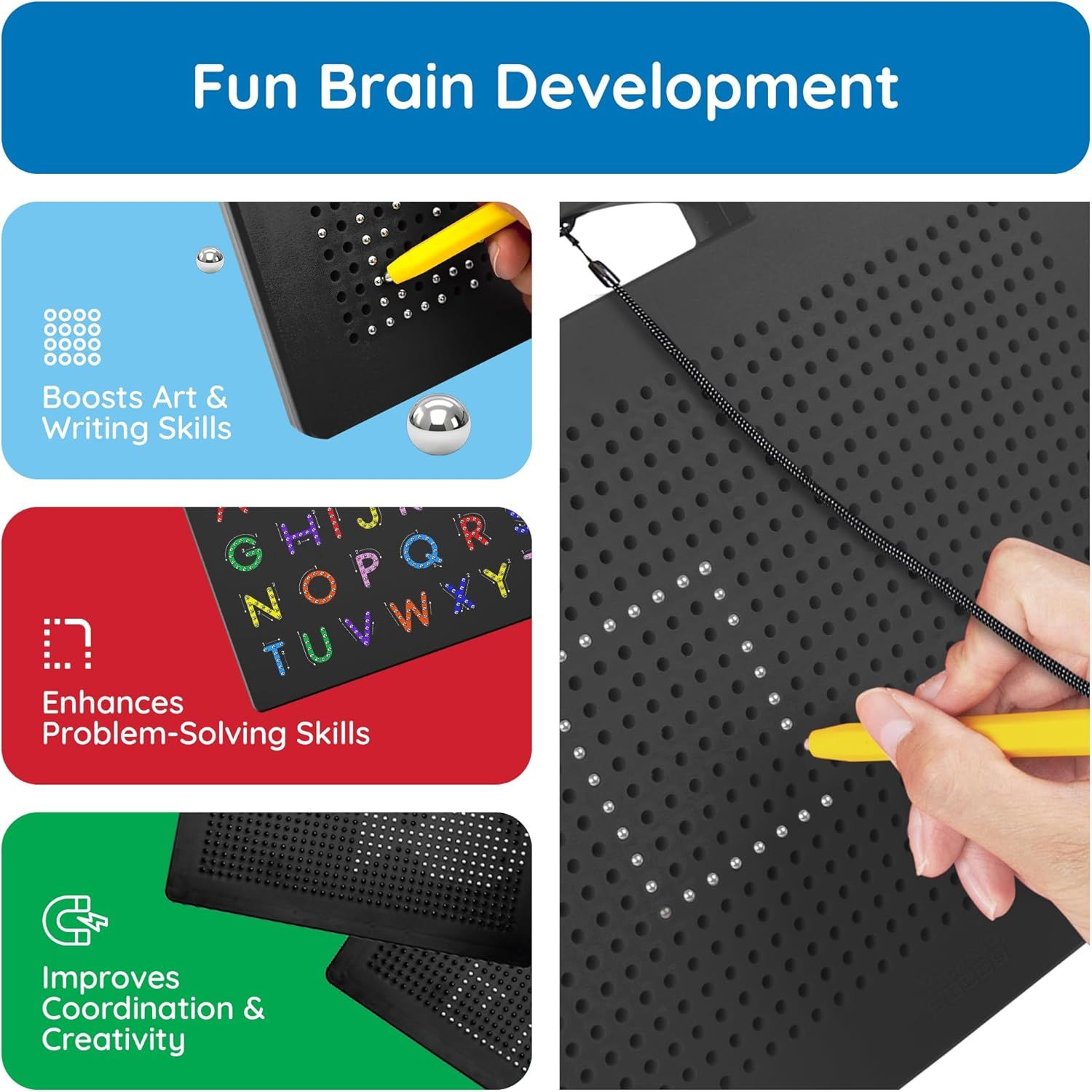 Communicates multiple developmental benefits of the magnetic drawing board to reassure parents that the product supports children's cognitive and creative growth across several skill areas.