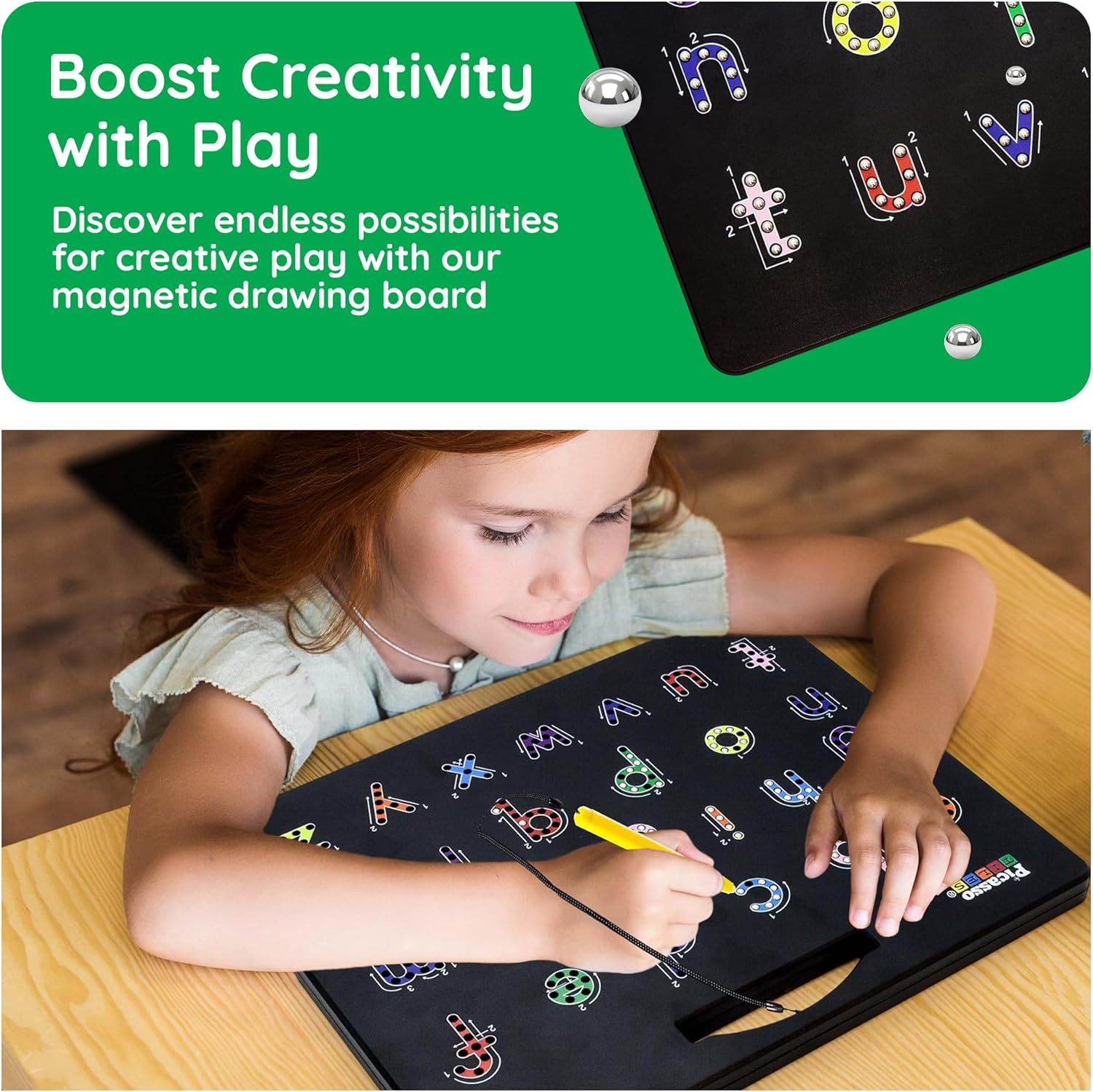 Communicates the product's ability to boost creativity and provide endless possibilities for imaginative play through the magnetic drawing board feature.