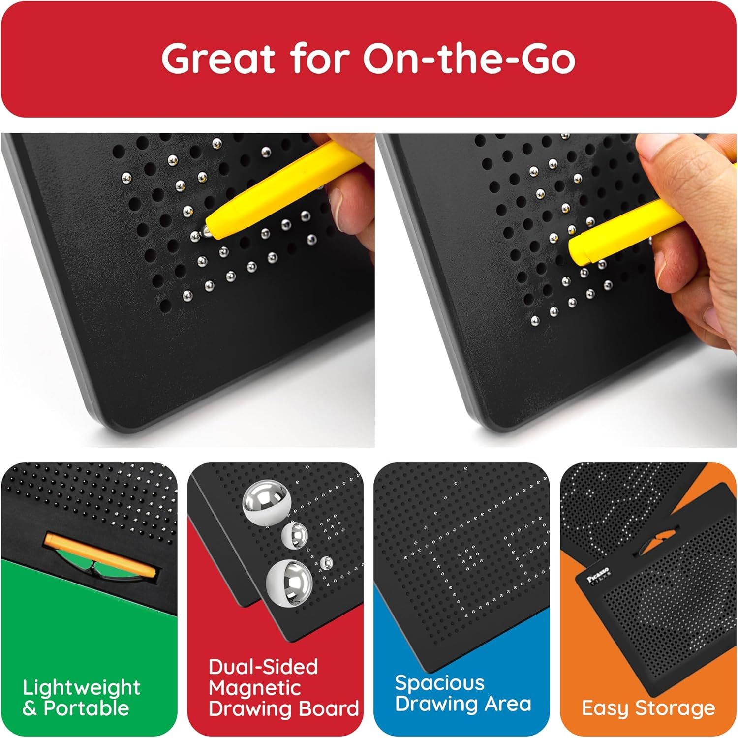 Communicates multiple key benefits of the magnetic drawing board in a segmented layout, emphasizing portability, dual-sided functionality, spacious surface, and convenient storage to appeal to…