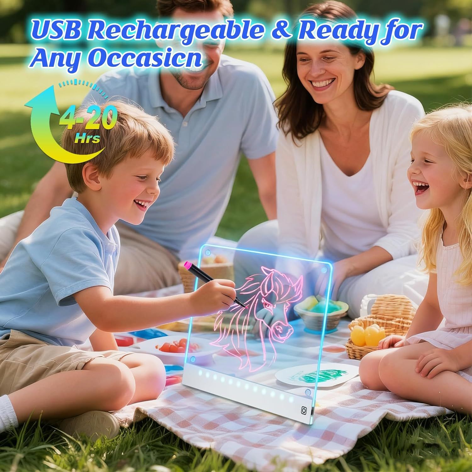Communicates the long battery life of the USB rechargeable product, reassuring shoppers that it can be used for extended periods without frequent recharging. Highlights the convenience and…