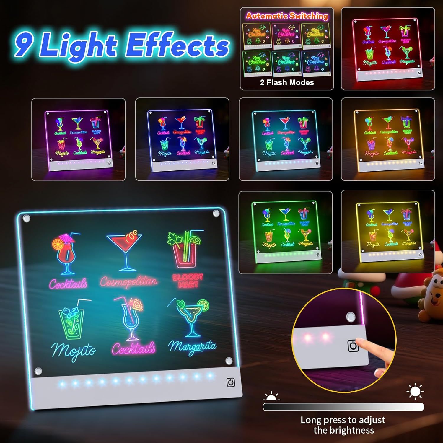 Showcases multiple distinct features of the LED sign including the variety of color effects, automatic switching capability, flash modes, and adjustable brightness to demonstrate versatility and…
