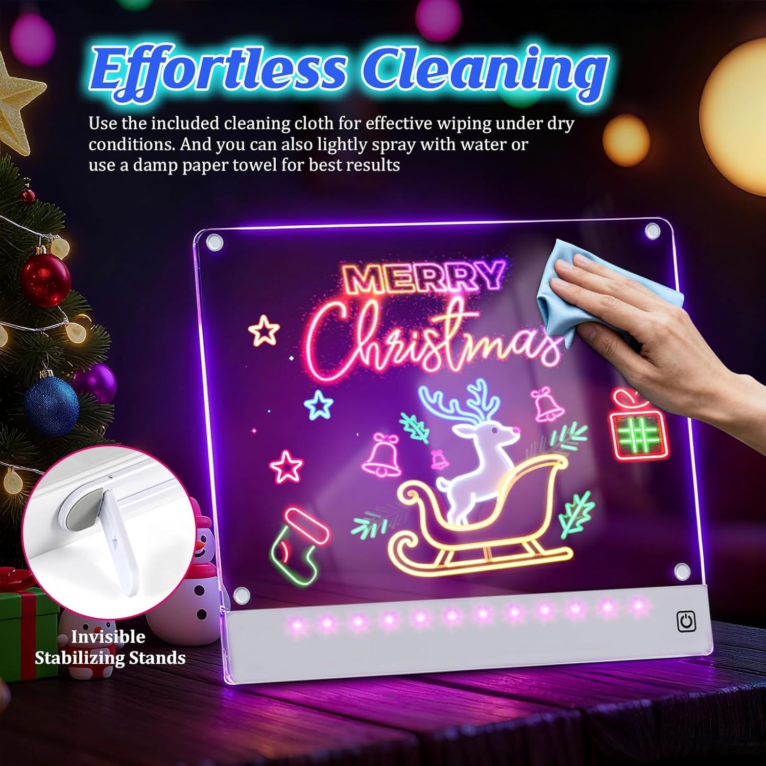 Positions the product as a Christmas-themed item while demonstrating its easy cleaning feature, making it appealing for holiday shoppers. Communicates that the product is easy to clean and maintain…