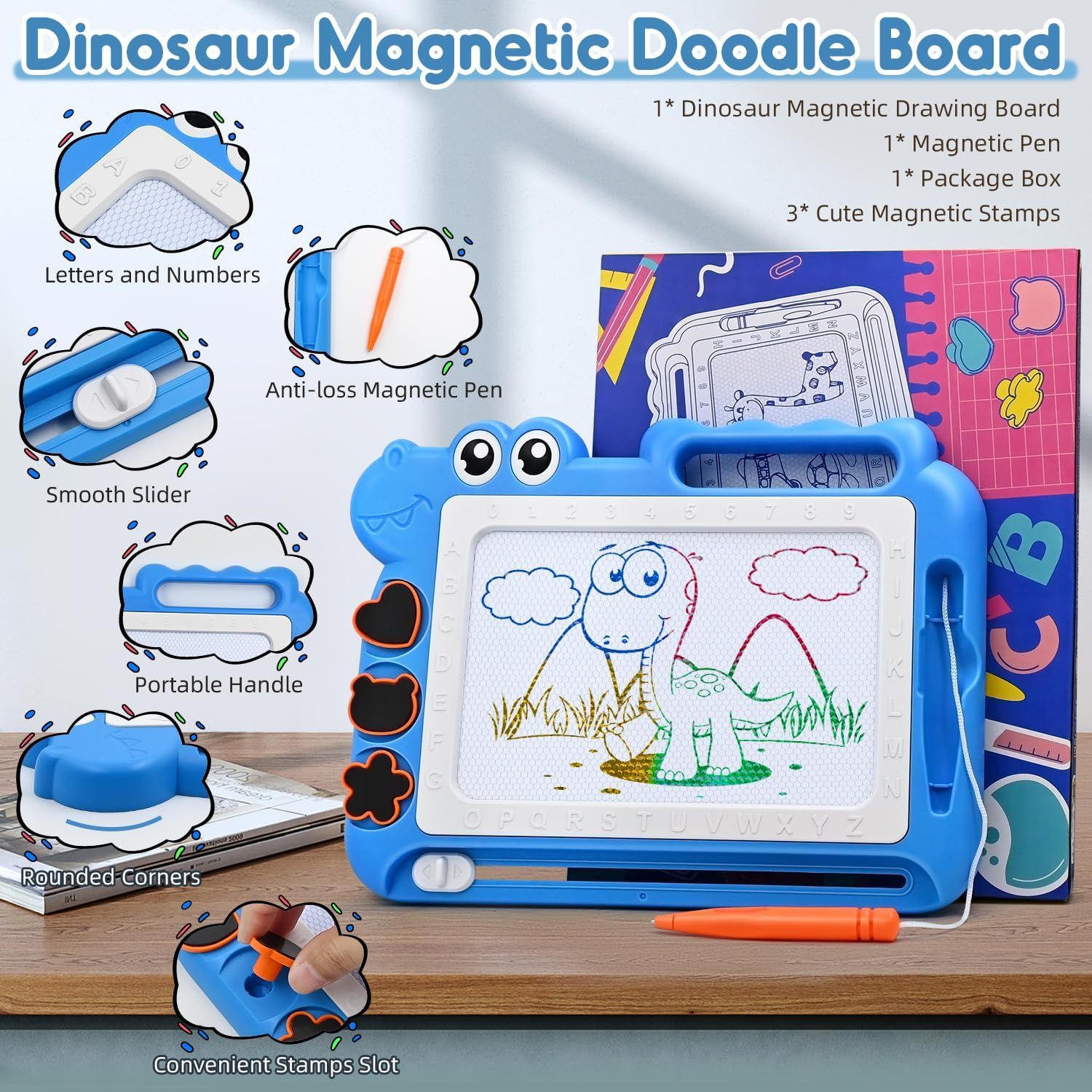 This image breaks down the physical components and features of the magnetic doodle board, helping shoppers understand the product's construction and functional parts through labeled callouts and…
