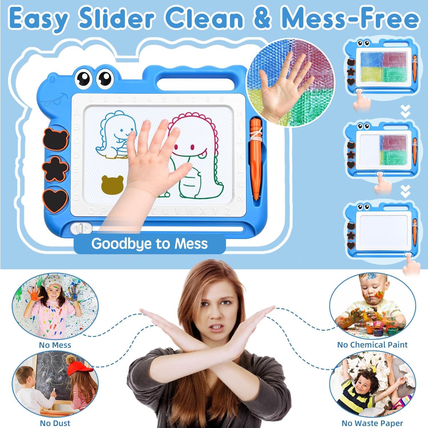 Communicates multiple benefits of the magnetic drawing board by showing it eliminates common problems parents face with traditional art supplies: no mess, no dust, no chemical paint, and no waste…