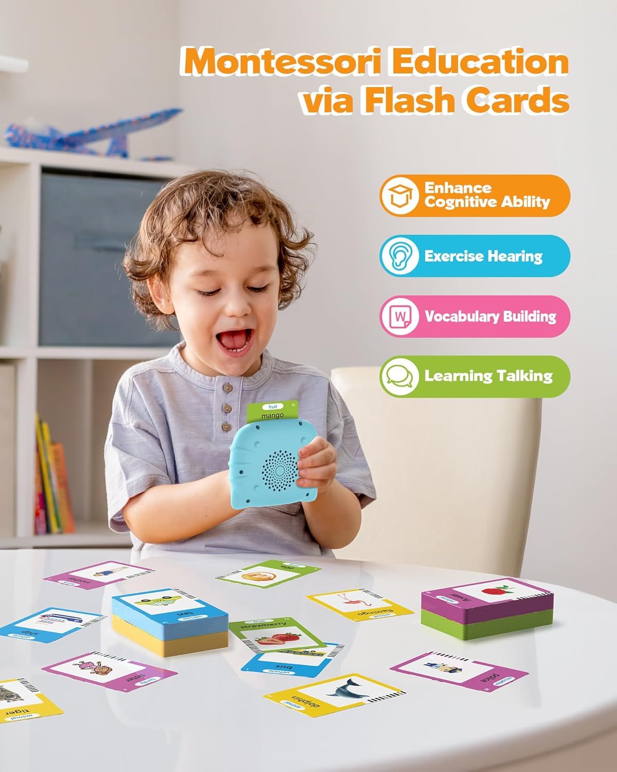 Communicates the multiple educational benefits of the Montessori flash card system, showing how it supports cognitive development, hearing, vocabulary, and speech skills.