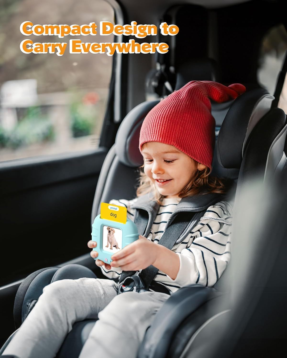 Demonstrates that the product is compact and portable, making it easy to carry and use anywhere, including in the car for on-the-go entertainment or learning.