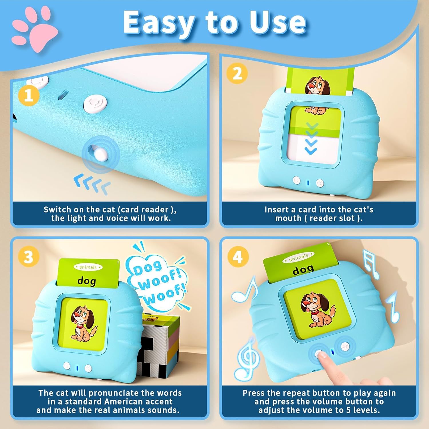Demonstrates how to set up and use the educational card reader toy through a clear 4-step instructional sequence, reassuring parents that the product is simple for children to operate independently.