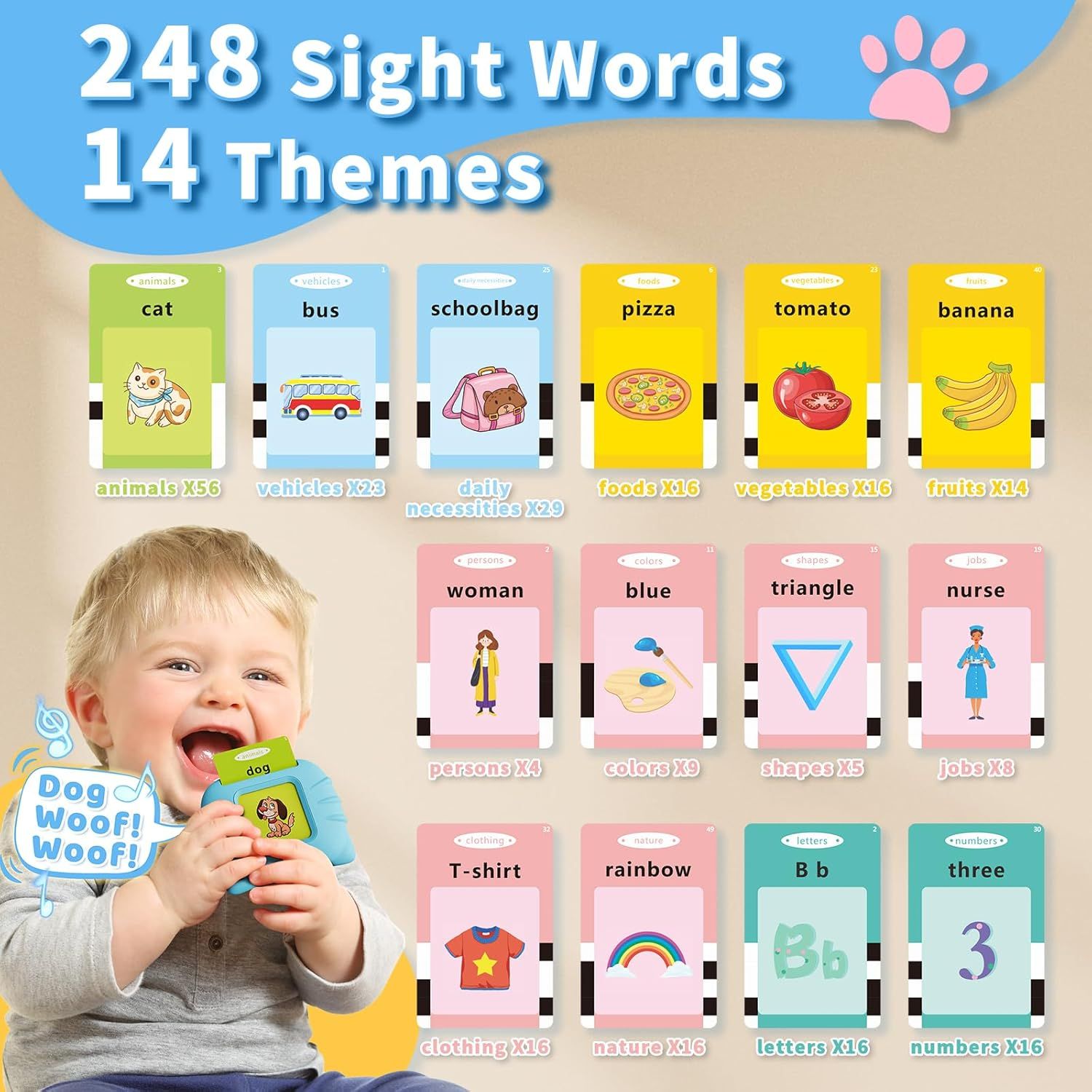 Shows the complete contents of the educational flash card set, highlighting the variety and quantity of learning materials included to help parents understand the full value of the purchase.