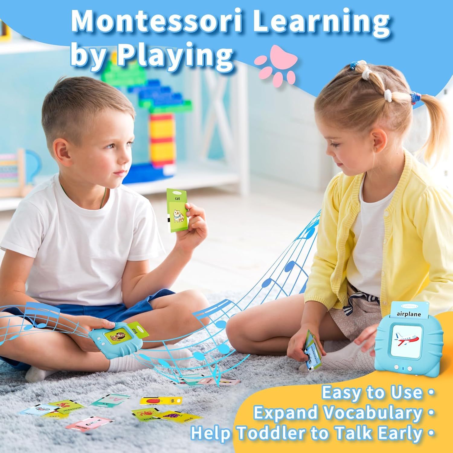 Communicates multiple educational benefits of the Montessori learning toy, showing it helps children learn through play while being easy to use and supporting early language development.