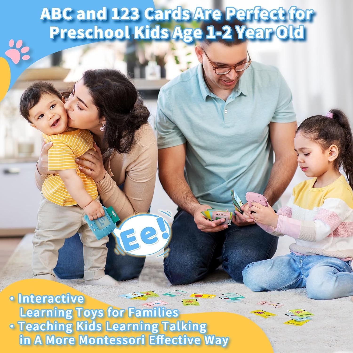 Communicates multiple benefits of the educational card product: age-specific design for preschoolers, interactive family engagement, and Montessori-based learning approach to reassure parents of its…