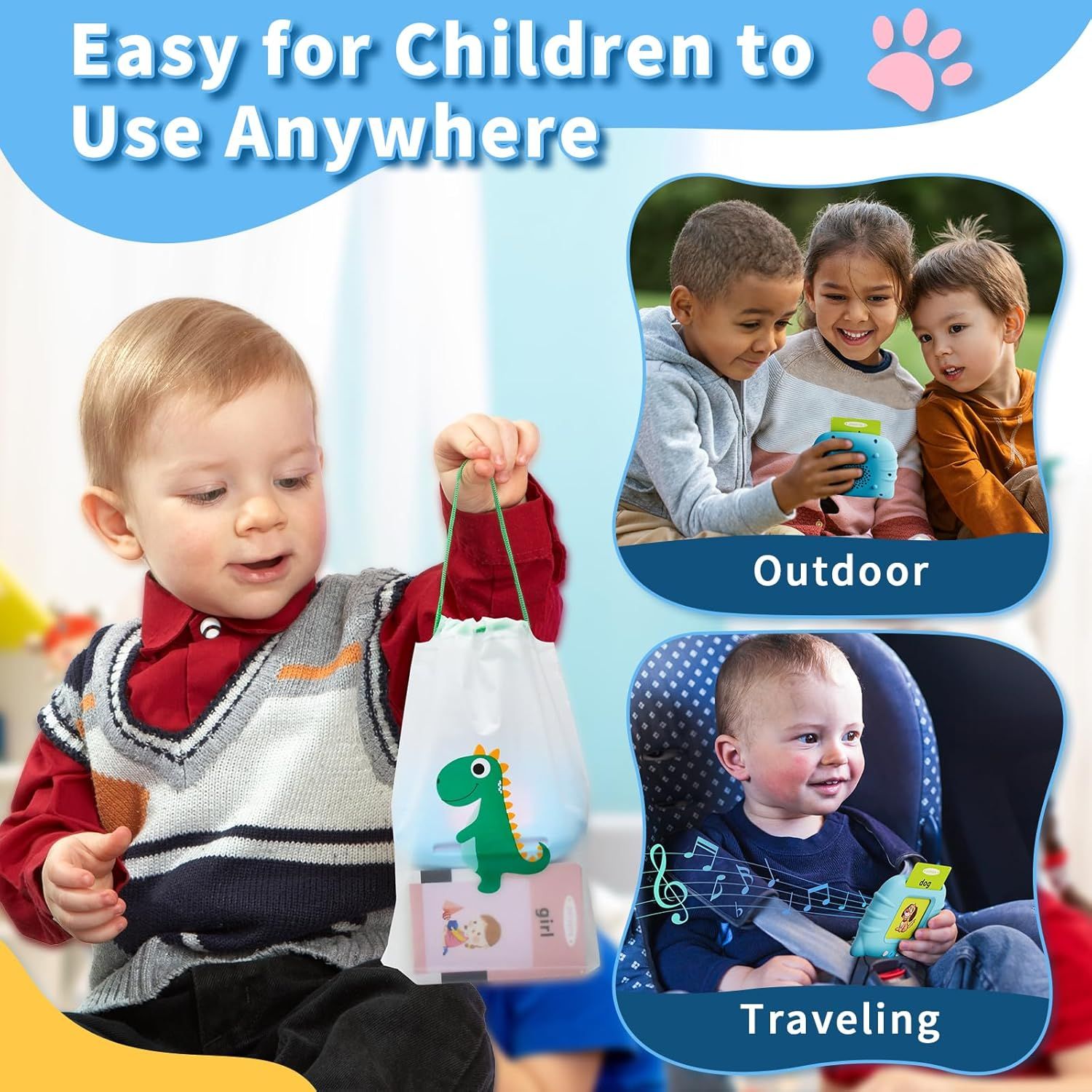 Demonstrates the product's versatility by showing it can be used in multiple environments and scenarios—indoors, outdoors, and while traveling—reassuring parents that it's practical for children…