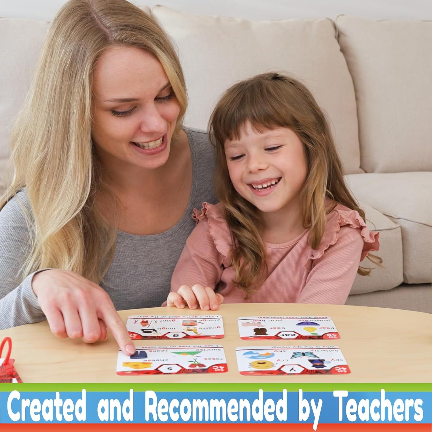 Builds trust and credibility by highlighting that the product is created and recommended by teachers, reassuring parents of its educational value. Shows the product being used in a real-world home…