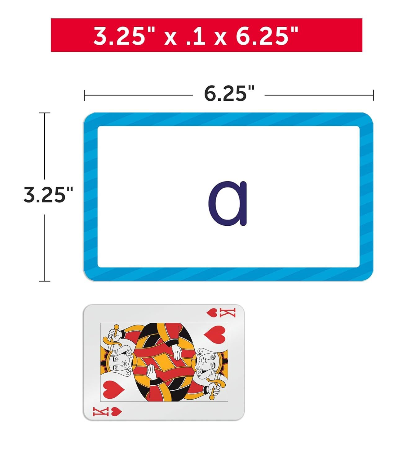 Communicates the exact physical dimensions of the product (3.25 x 0.1 x 6.25 inches) to help shoppers understand the size and portability of the item, with a playing card shown for scale reference.