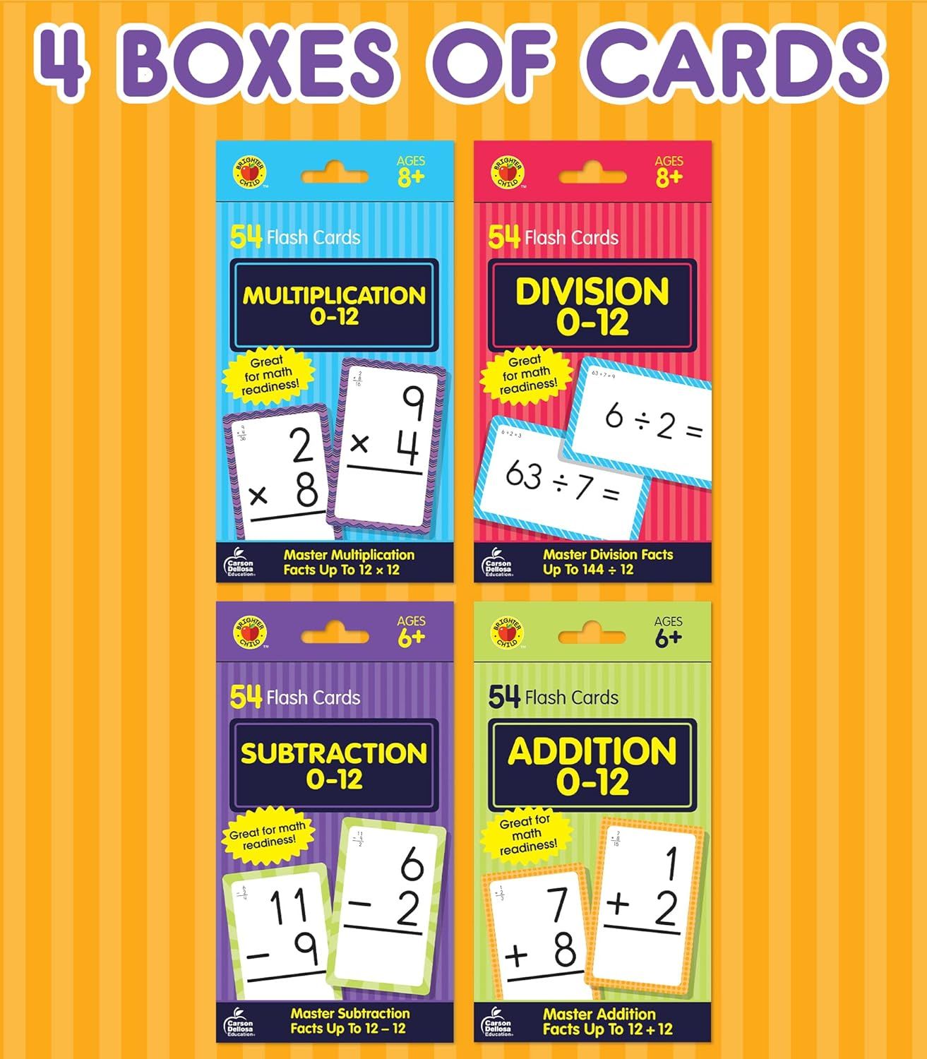 Shows the complete bundle of educational flash card sets included in the purchase, helping shoppers understand they receive all four math operation card sets (54 cards each) for comprehensive math…