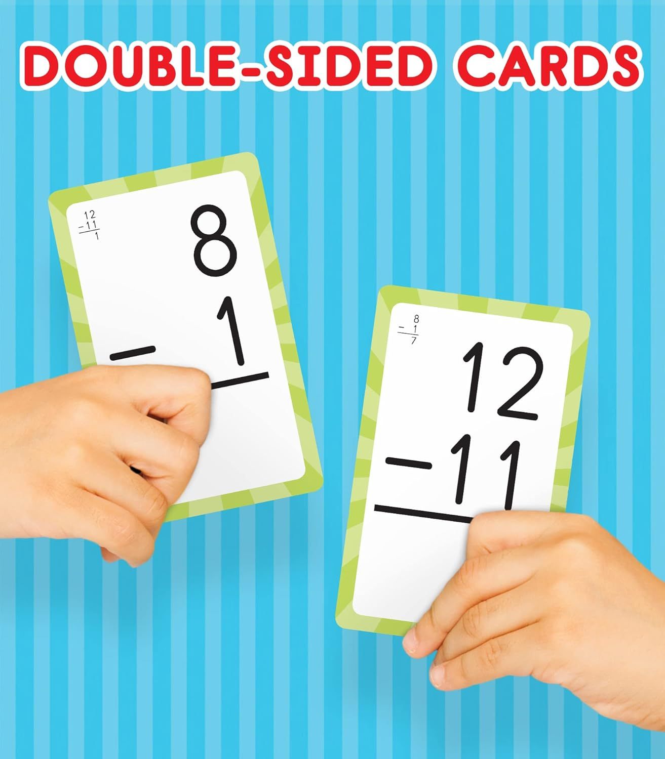 Shows what the customer receives with the product—double-sided educational flash cards designed for subtraction practice, demonstrating the format and usability of the cards.