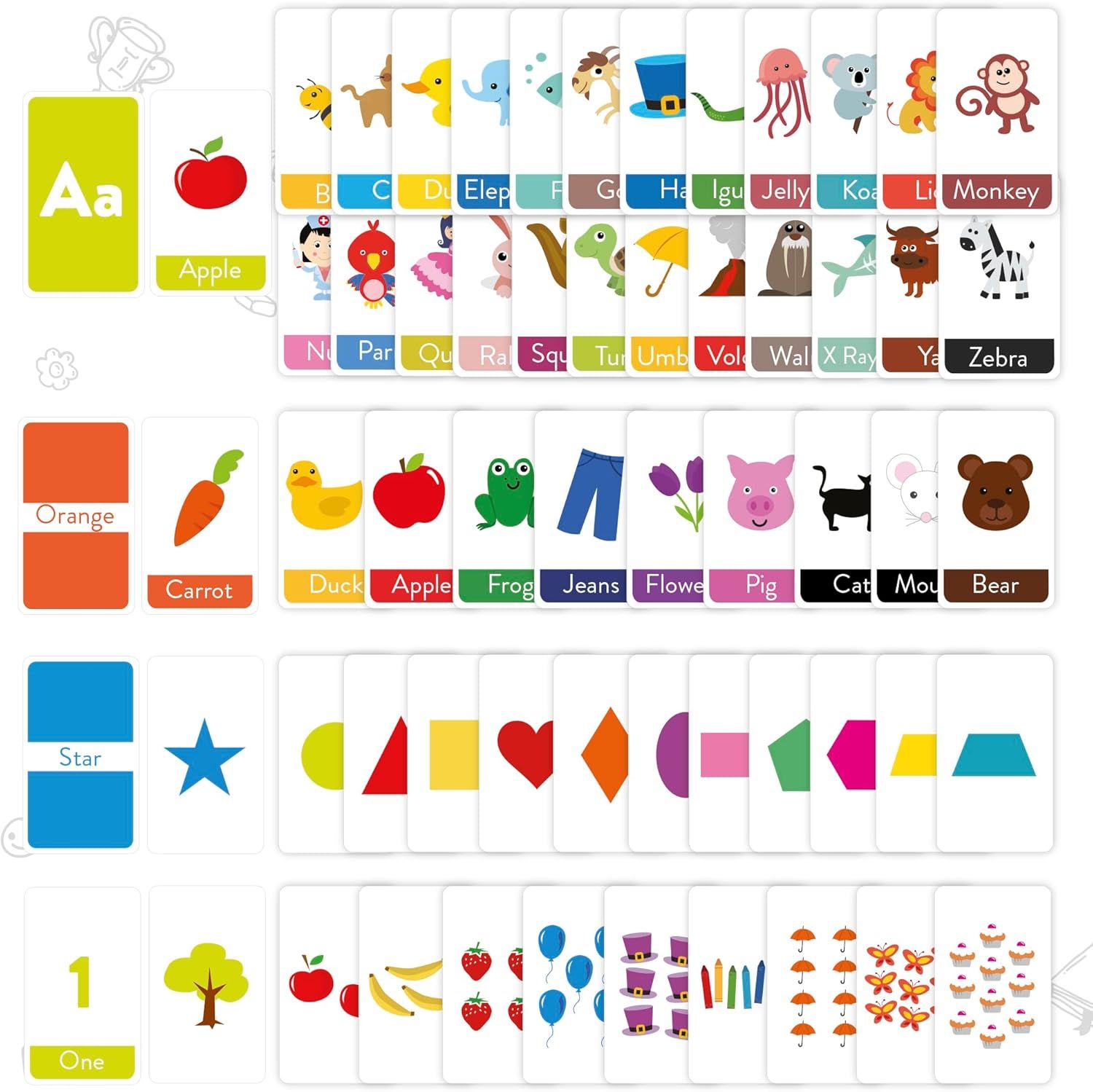 Displays the brand's complete product portfolio of educational flashcards covering alphabet, colors, shapes, and numbers to help shoppers understand the full range of learning tools available.