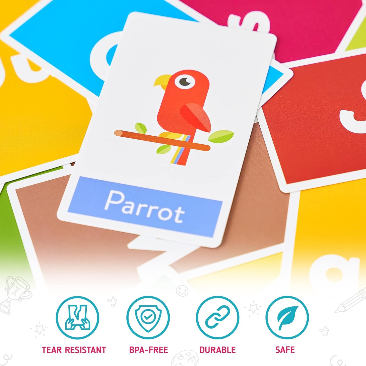 Communicates multiple key product benefits in a segmented layout to reassure parents that the flashcards are safe, durable, and built to withstand rough handling by children.