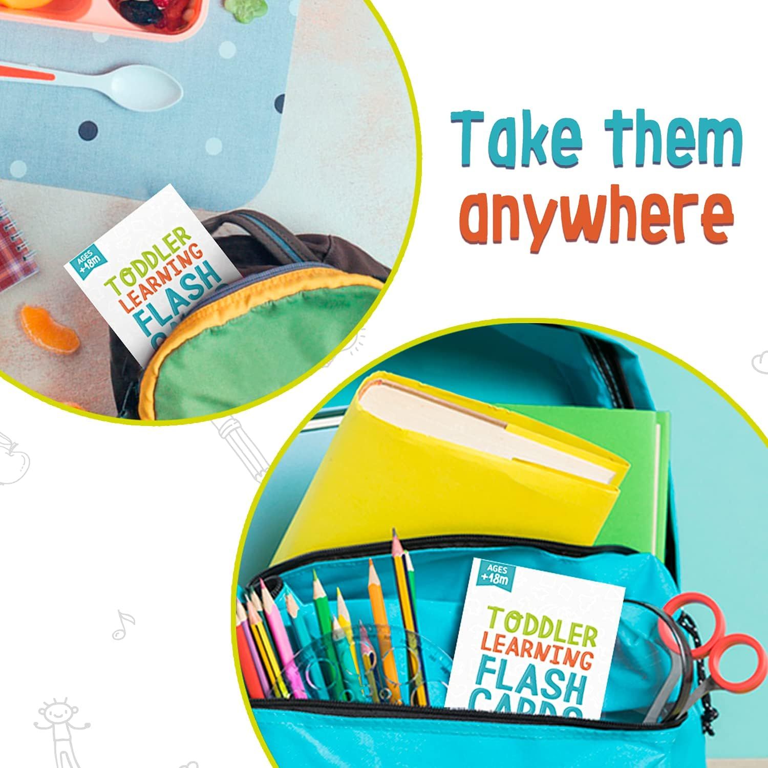 Communicates that the toddler learning flash cards are portable and convenient to take anywhere, making learning accessible on-the-go.