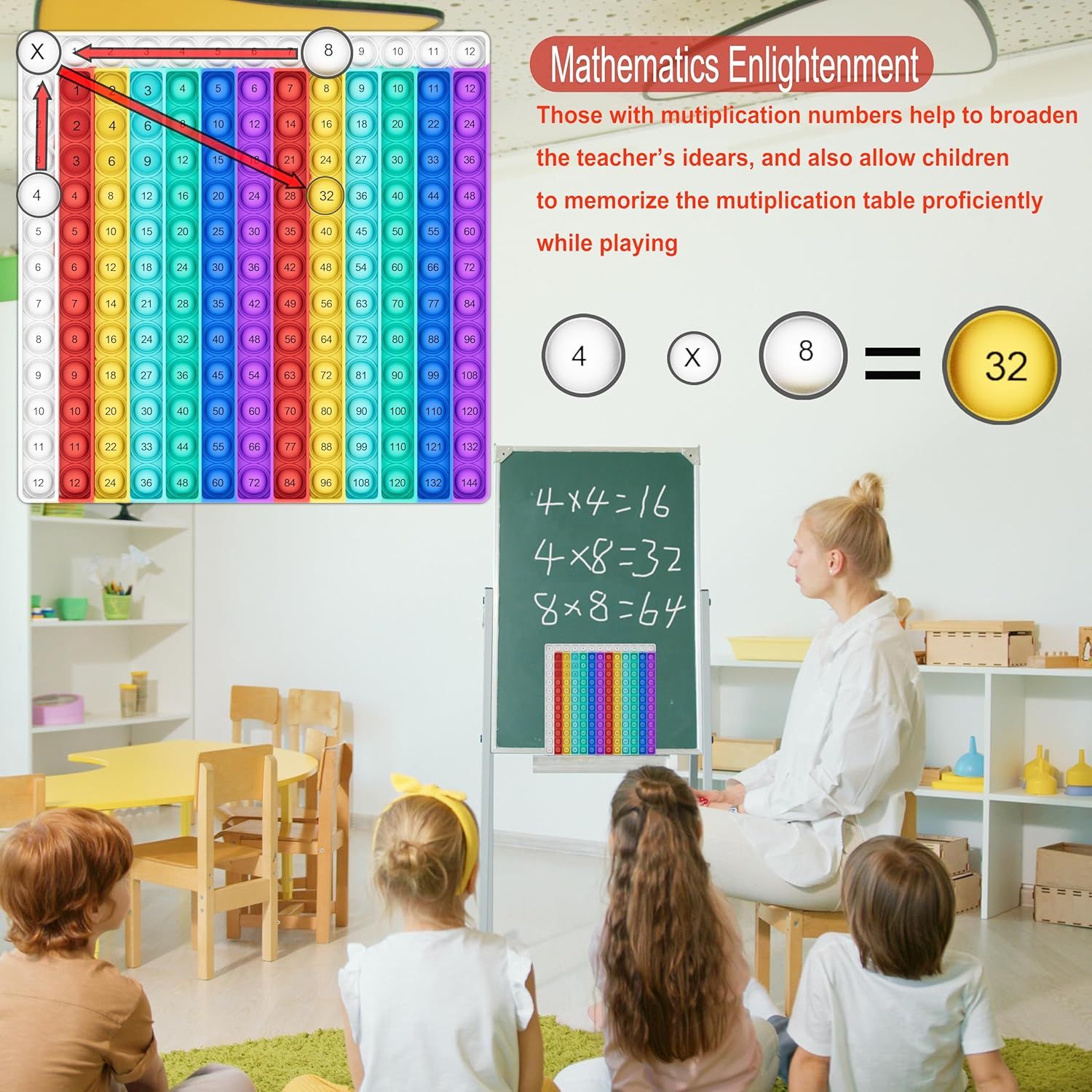 Demonstrates how the multiplication table product helps children learn and memorize multiplication facts through interactive play in an educational setting. Shows the product being used in a real…