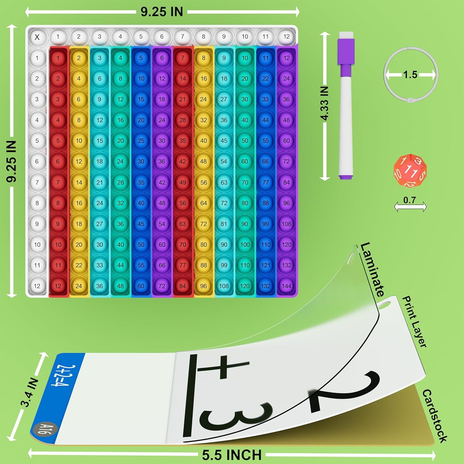 Communicates the exact physical dimensions of the multiplication chart, die, and included accessories to help shoppers understand the size and scale of the product before purchase. Shows all items…
