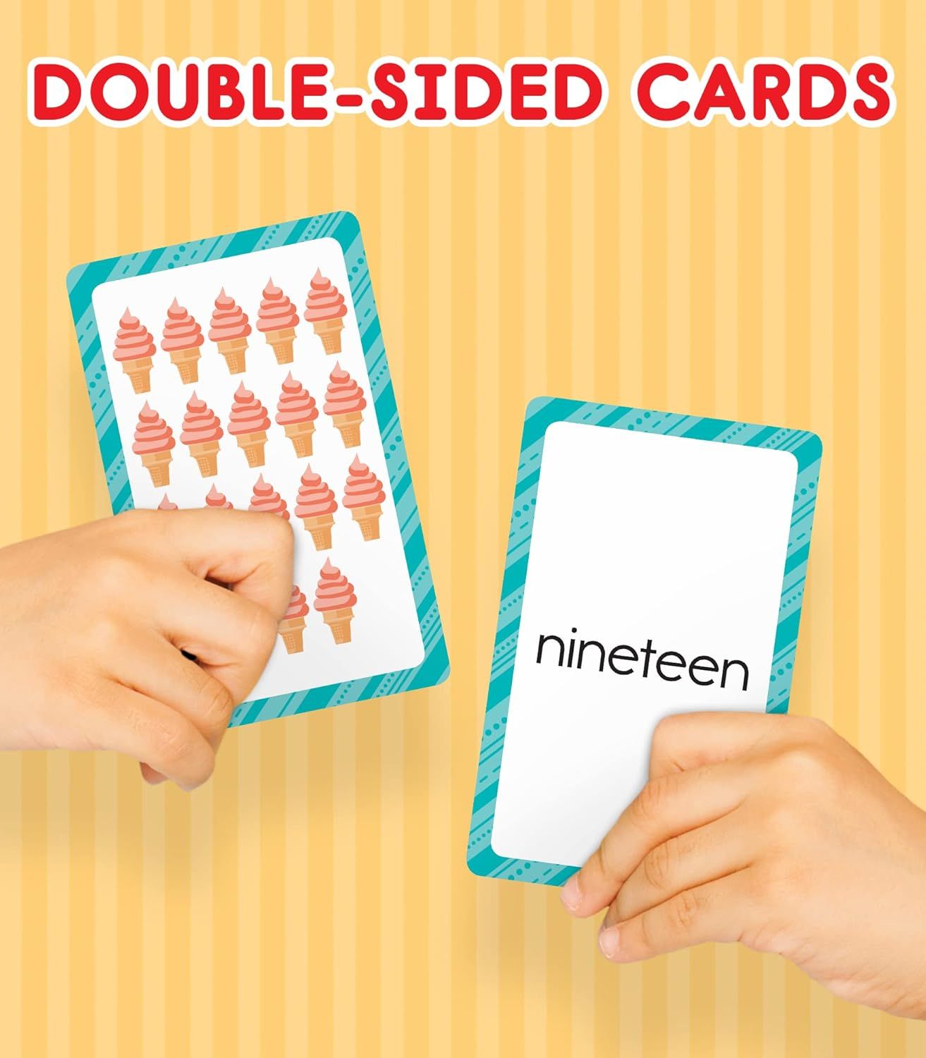 Demonstrates that the educational cards are double-sided, showing both a visual counting side and a written number side to help children learn numbers in multiple ways.