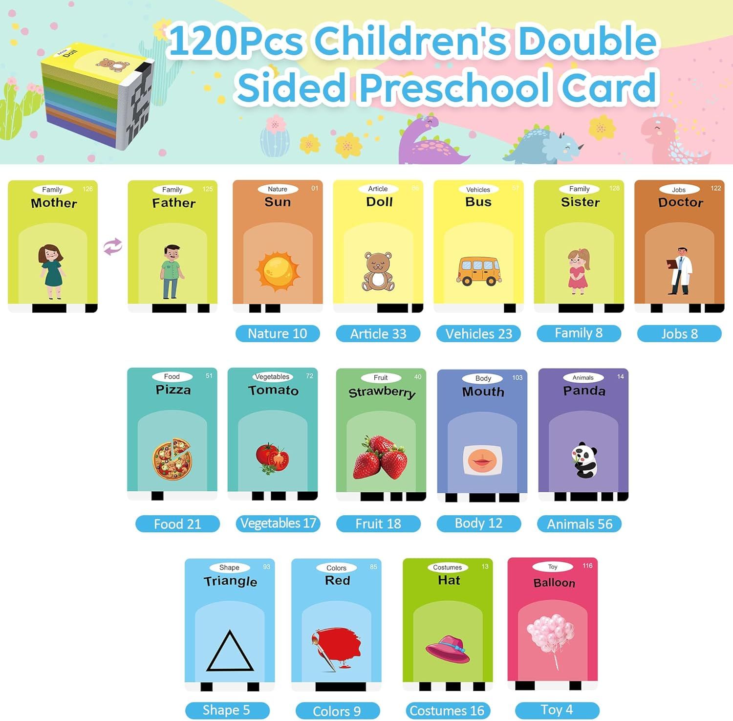 Shows the complete set of flashcards included in the purchase, organized by categories (Family, Nature, Vehicles, Jobs, Food, Animals, Shapes, Colors, etc.) to help parents understand the…