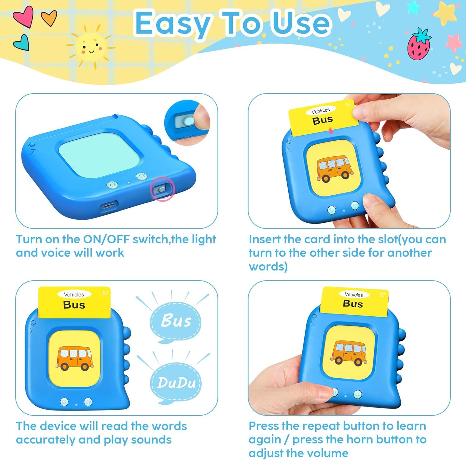 Demonstrates how to use the learning device through a clear 4-step instructional sequence, showing parents and children exactly how to turn it on, insert cards, hear words, and adjust settings.