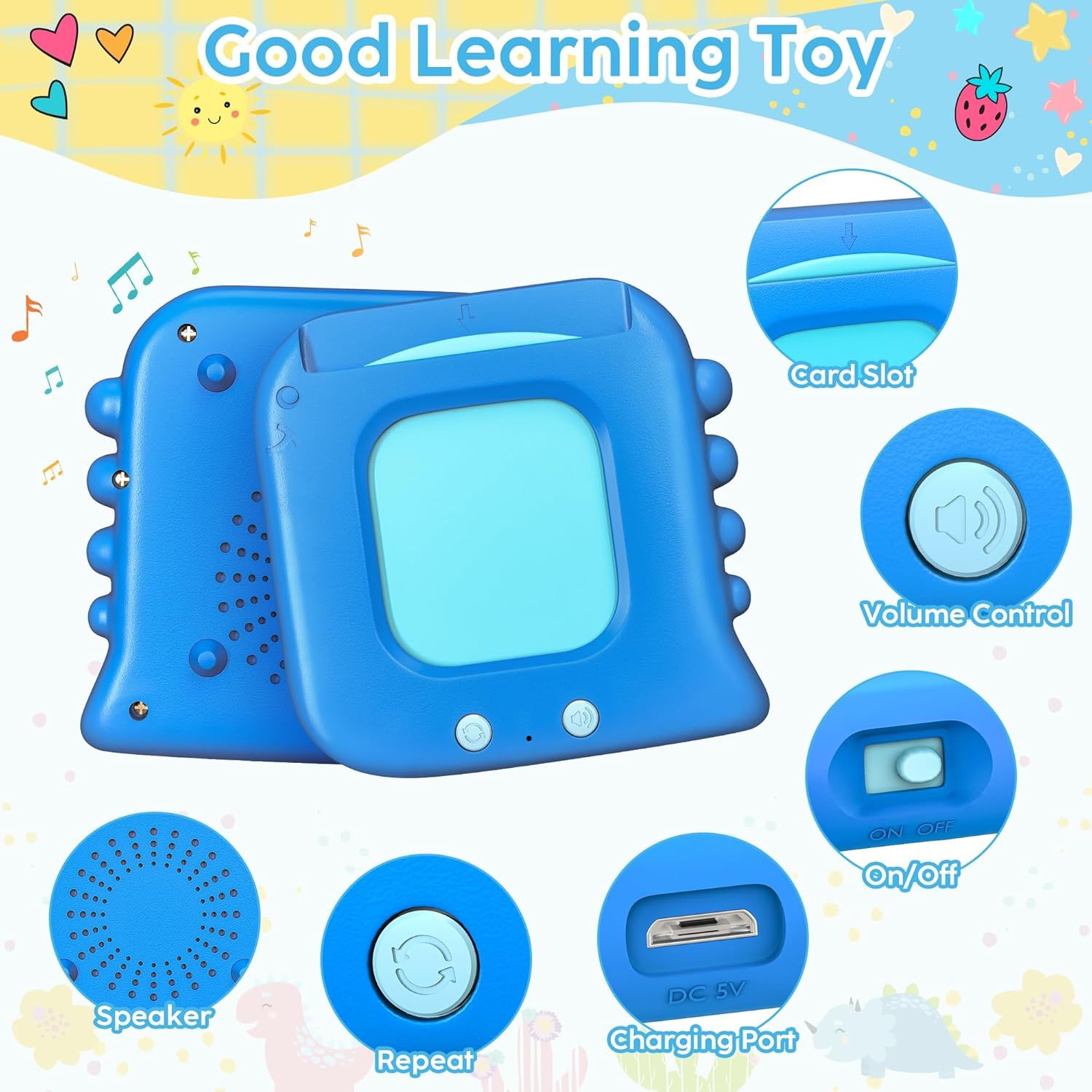 This image breaks down the physical components and controls of the learning toy to help parents and shoppers understand the device's functionality and ease of use.