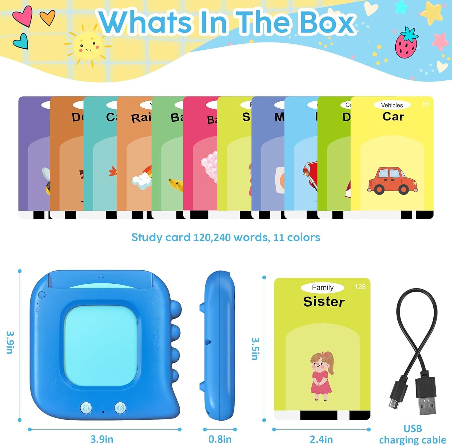 Shows everything included in the package: the learning device, 120,240-word study cards in 11 colors, and a USB charging cable, helping shoppers understand the complete bundle they will receive.…