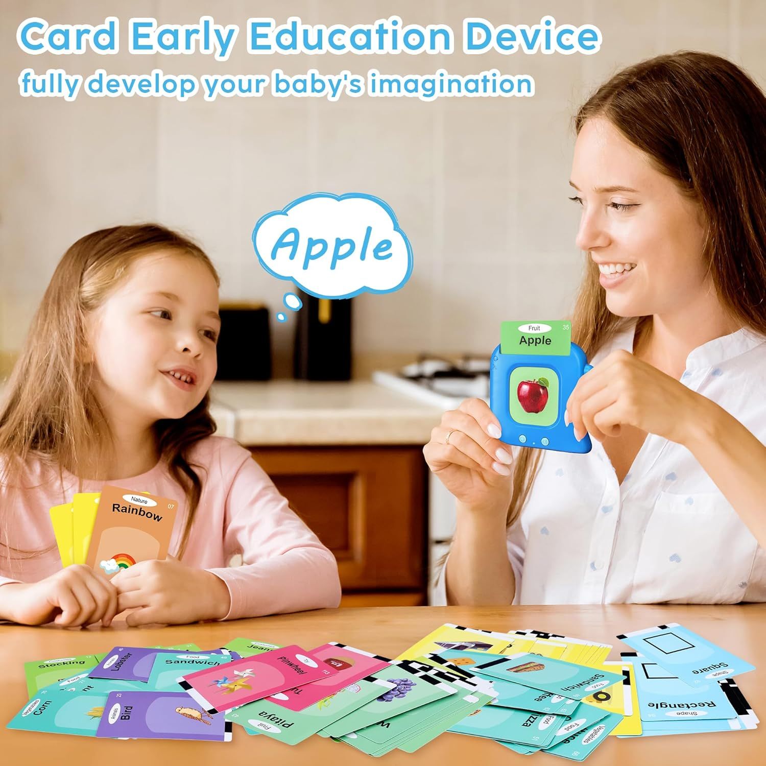 Demonstrates how the educational device works by showing a mother and child using the card reader with flashcards, teaching shoppers the interactive learning method. Communicates the core benefit of…