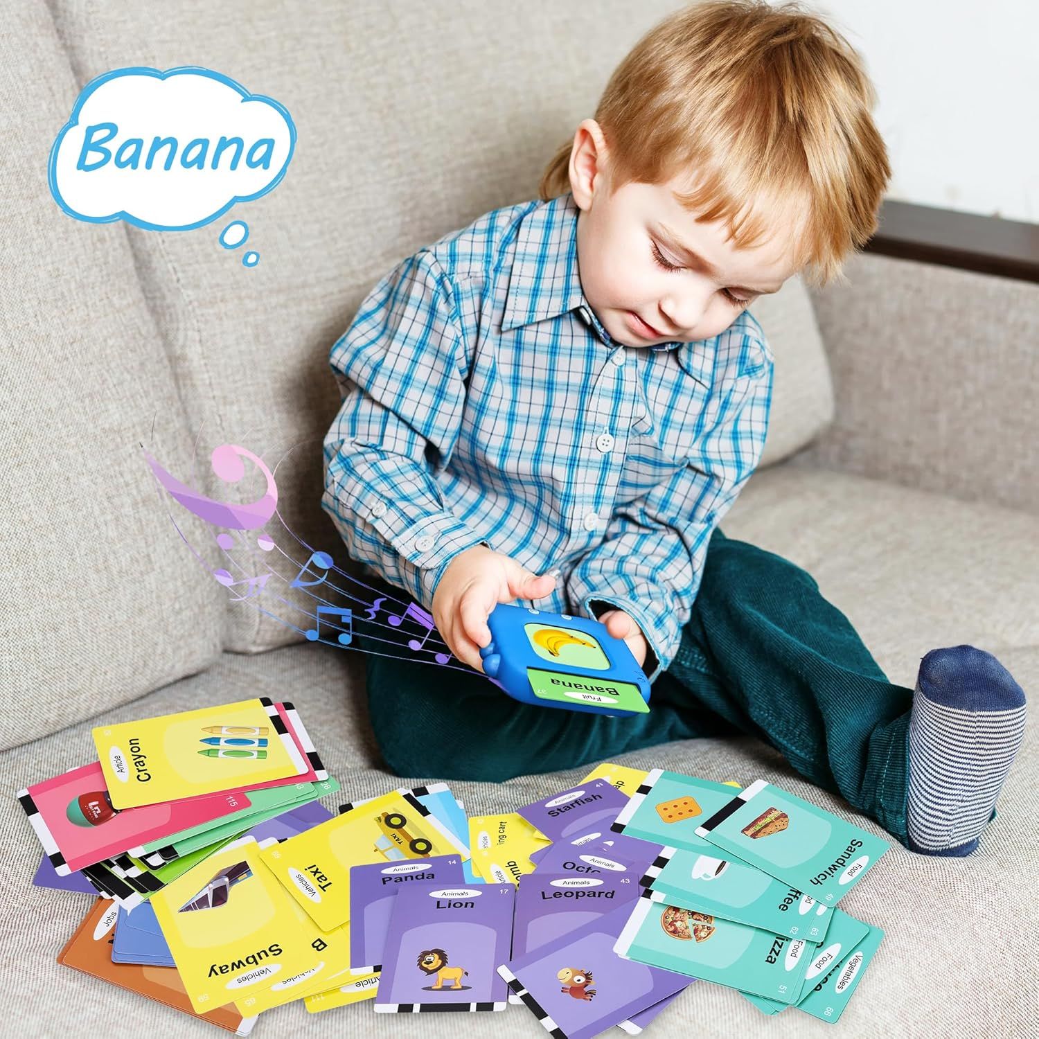 Demonstrates the product's use as an interactive educational tool for children, showing how the cards work with audio/music features to teach words and concepts like 'Banana.'